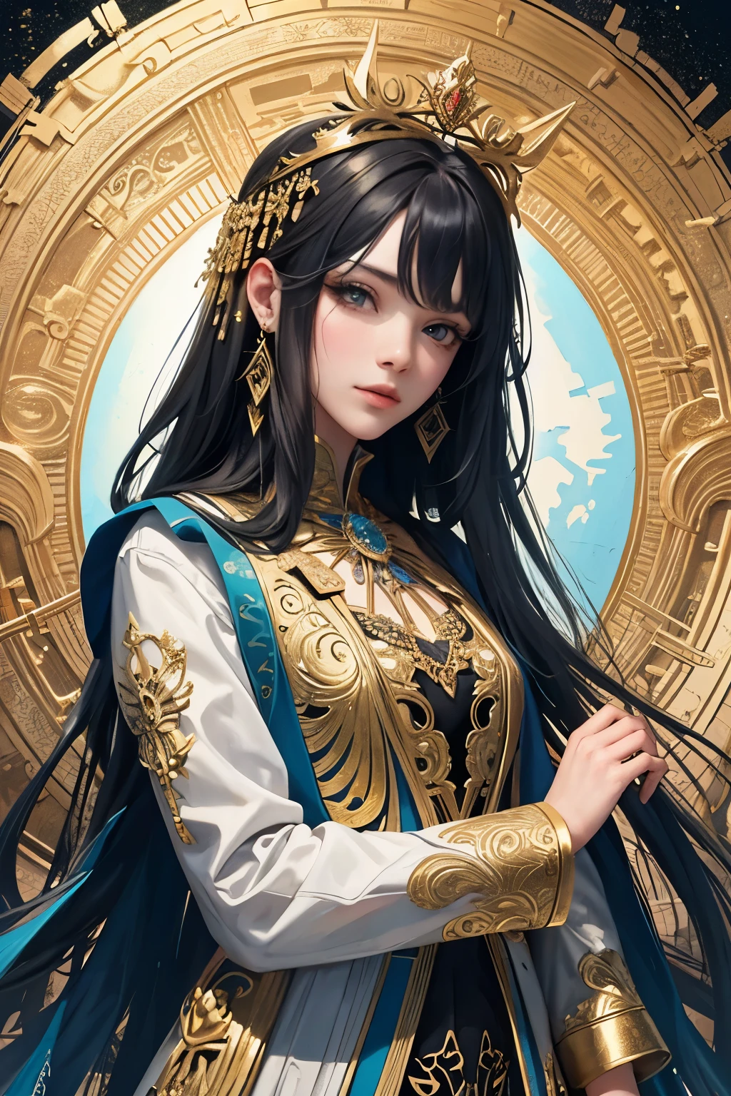(masterpiece, top quality, best quality, official art, beautiful and aesthetic:1.2), (1girl), extreme detailed,colorful,highest detailed, official art, unity 8k wallpaper, ultra detailed, beautiful and aesthetic, beautiful, masterpiece, best quality, (zentangle, mandala, tangle, entangle) ,holy light,gold foil,gold leaf art,glitter drawing, PerfectNwsjMajic