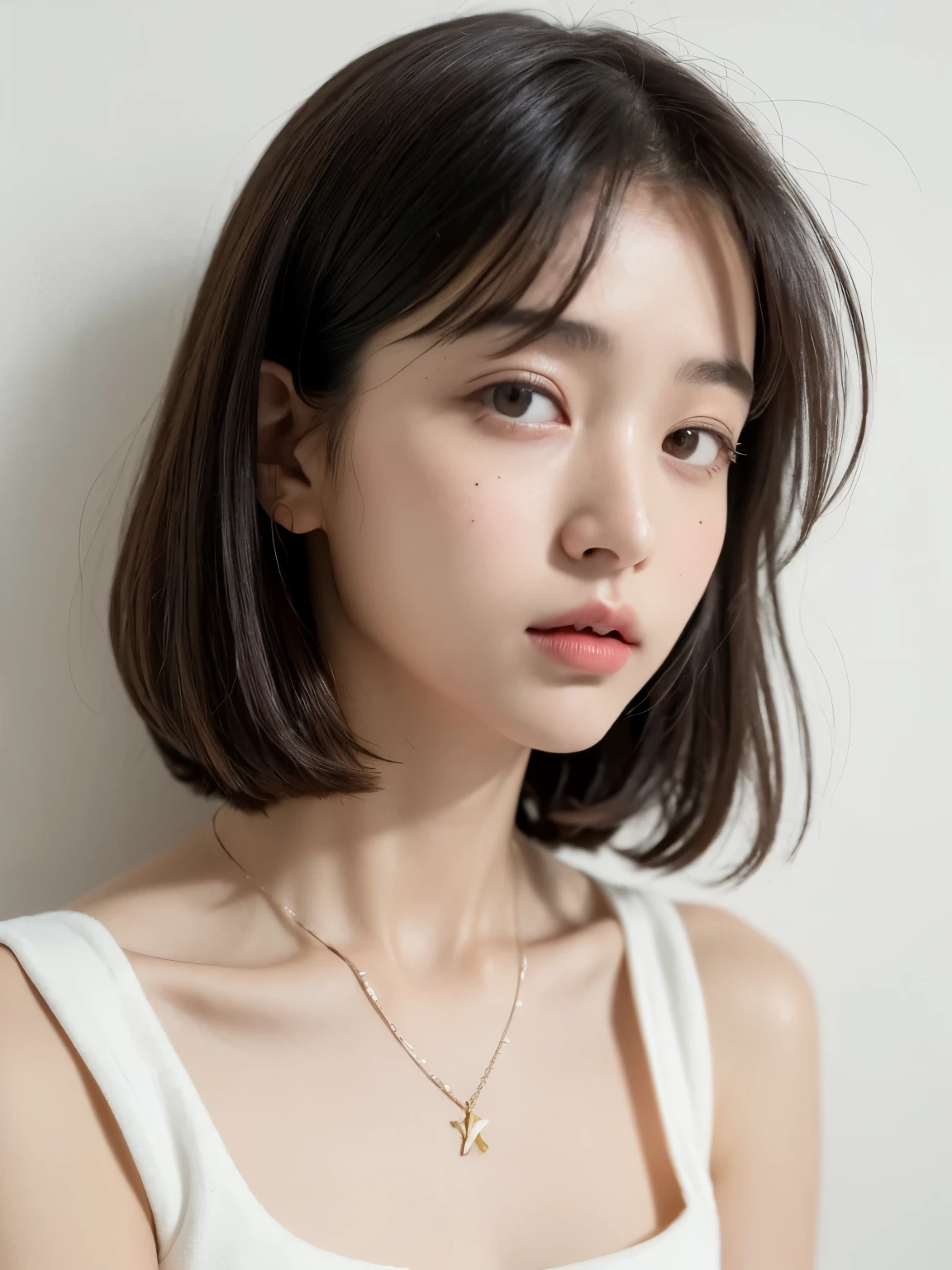 (top-quality、8K、32K、​masterpiece、nffsw:1.2)、cute little女性の、large full breasts、very short bobbed hair、The upper part of the body、sface focus、Oversized_Sweaters、a necklace、simple background、From  above、looking at the viewers、mix4、(8K、Raw photography、top-quality、​masterpiece:1.2)、(realisitic、Photorealsitic:1.37)、1girl in、cute little、profetional lighting、photon maping、physically-based renderingt、Gradient Brunette Hair、short  curly hair、a handsome、Girly、superior image quality、hight resolution、1080p、(Clear face)、(Detailed face description)、(Detailed hand description)、(masuter piece)、(Exquisite CG)、 extreme light and shadows、hair messy、​masterpiece、lush detail、(Exquisite facial features)、(The highest image quality)、(​masterpiece)、(A detailed eye)、Looking forward to your eyes、Delicate collarbones、Poses variadas、dong&#39;don&#39;t watch the mela、profile、white walls、Taken in front of the white door、(窓のあるwhite wallsの部屋)、Autumn clothes、Winter clothes、シンプルa necklace