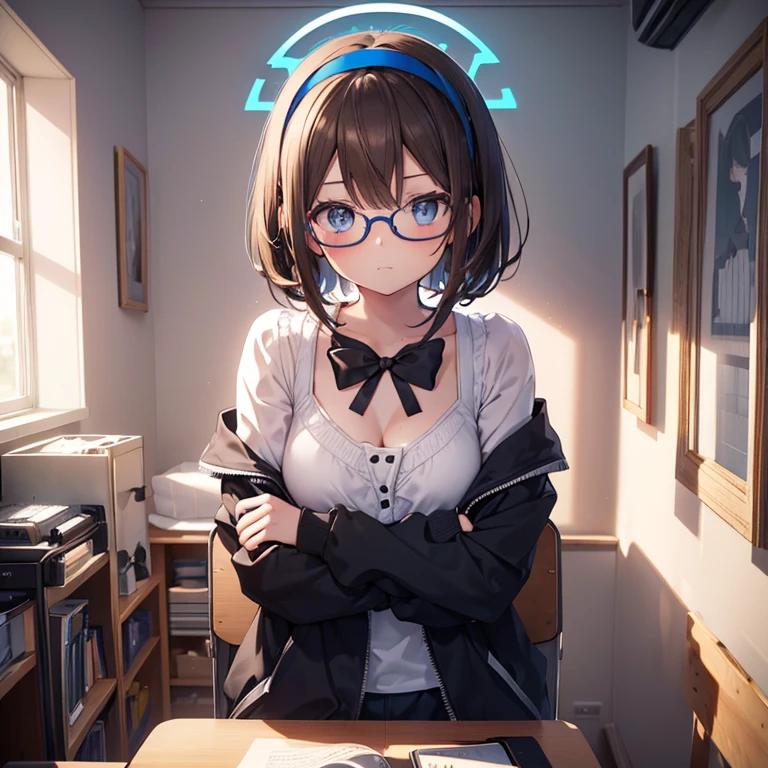 (masutepiece, Best Quality, Capture super cute moments, depth of fields, ultra-detailliert, Ultra High Resolution, C4D, Octadale, 3D Modeling, 8K, 16 K, one girls,a , small tits,A brown-haired,dark-haired,short-hair,straight haired,Light blue eyes, horseshoe-shaped hairband,wearing black glasses,Cute face), tunique、Western-style room、sit a chair、Big radio on desk、Cross your arms in the middle、cleavage