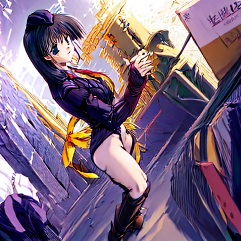 ultra-detailed, Explicit, Beautiful body, Beautiful Nose, Beautiful character design, perfect eyes, perfect face, ultra highres, 4K, beautiful legs, perfect legs, Nice hands, Perfect hand, Masterpiece, Best Quality, Highly detailed, illustration, absurdres, street fighter, doll suit, shadaloo doll, dollsuit, expressionless, blank eyes, looking at viewer, red gloves, emotionless, black latex, corrution, mind control, female combatant, full body, hypnotized, unhappy trance, full body suit, ribbed bodysuit, both arms at side, obey, perfect female body, extremely glossy latex, hypnosis, hypnoLora, empty eyes, Mind control device, poses, submissive_pose, Slave, hat, necktie, stand up straight, standing, standing at attention, hat, necktie, belt, latex, ribbed bodysuit, thighhighs, garter belt, Fighting Stance, extending the right arm from the shoulder into the air with a straightened hand, nazi saluting, military, military saluting, salute, thigh boots, 1girl, aya_hasebe, comic_party, long_hair, hair over shoulder, large_breast,green_eye, bangs, single braid, yellow ribbon, hair ribbon