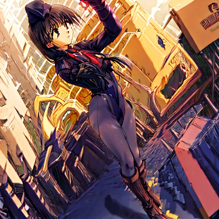 ultra-detailed, Explicit, Beautiful body, Beautiful Nose, Beautiful character design, perfect eyes, perfect face, ultra highres, 4K, beautiful legs, perfect legs, Nice hands, Perfect hand, Masterpiece, Best Quality, Highly detailed, illustration, absurdres, street fighter, doll suit, shadaloo doll, dollsuit, expressionless, blank eyes, looking at viewer, red gloves, emotionless, black latex, corrution, mind control, female combatant, full body, hypnotized, unhappy trance, full body suit, ribbed bodysuit, both arms at side, obey, perfect female body, extremely glossy latex, hypnosis, hypnoLora, empty eyes, Mind control device, poses, submissive_pose, Slave, hat, necktie, stand up straight, standing, standing at attention, hat, necktie, belt, latex, ribbed bodysuit, thighhighs, garter belt, Fighting Stance, extending the right arm from the shoulder into the air with a straightened hand, nazi saluting, military, military saluting, salute, thigh boots, 1girl, aya_hasebe, comic_party, long_hair, hair over shoulder, large_breast,green_eye, bangs, single braid, yellow ribbon, hair ribbon