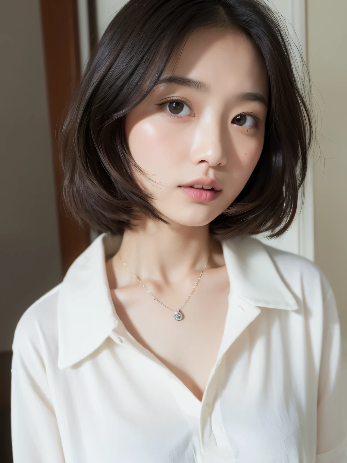 (top-quality、8K、32K、​masterpiece、nffsw:1.2)、cute little日本人女性の写真、large full breasts、very short bobbed hair、The upper part of the body、sface focus、Oversized_Sweaters、a necklace、simple background、From  above、looking at the viewers、mix4、(8K、Raw photography、top-quality、​masterpiece:1.2)、(realisitic、Photorealsitic:1.37)、1girl in、cute little、profetional lighting、photon maping、physically-based renderingt、Gradient Brunette Hair、short  curly hair、a handsome、Girly、superior image quality、hight resolution、1080p、(Clear face)、(Detailed face description)、(Detailed hand description)、(masuter piece)、(Exquisite CG)、 extreme light and shadows、hair messy、​masterpiece、lush detail、(Exquisite facial features)、(The highest image quality)、(​masterpiece)、(A detailed eye)、Looking forward to your eyes、Delicate collarbones、Poses variadas、don&#39;t watch mela、profile、white walls、Taken in front of the white door、(窓のあるwhite wallsの部屋)、Autumn clothes、Winter clothes、シンプルa necklace