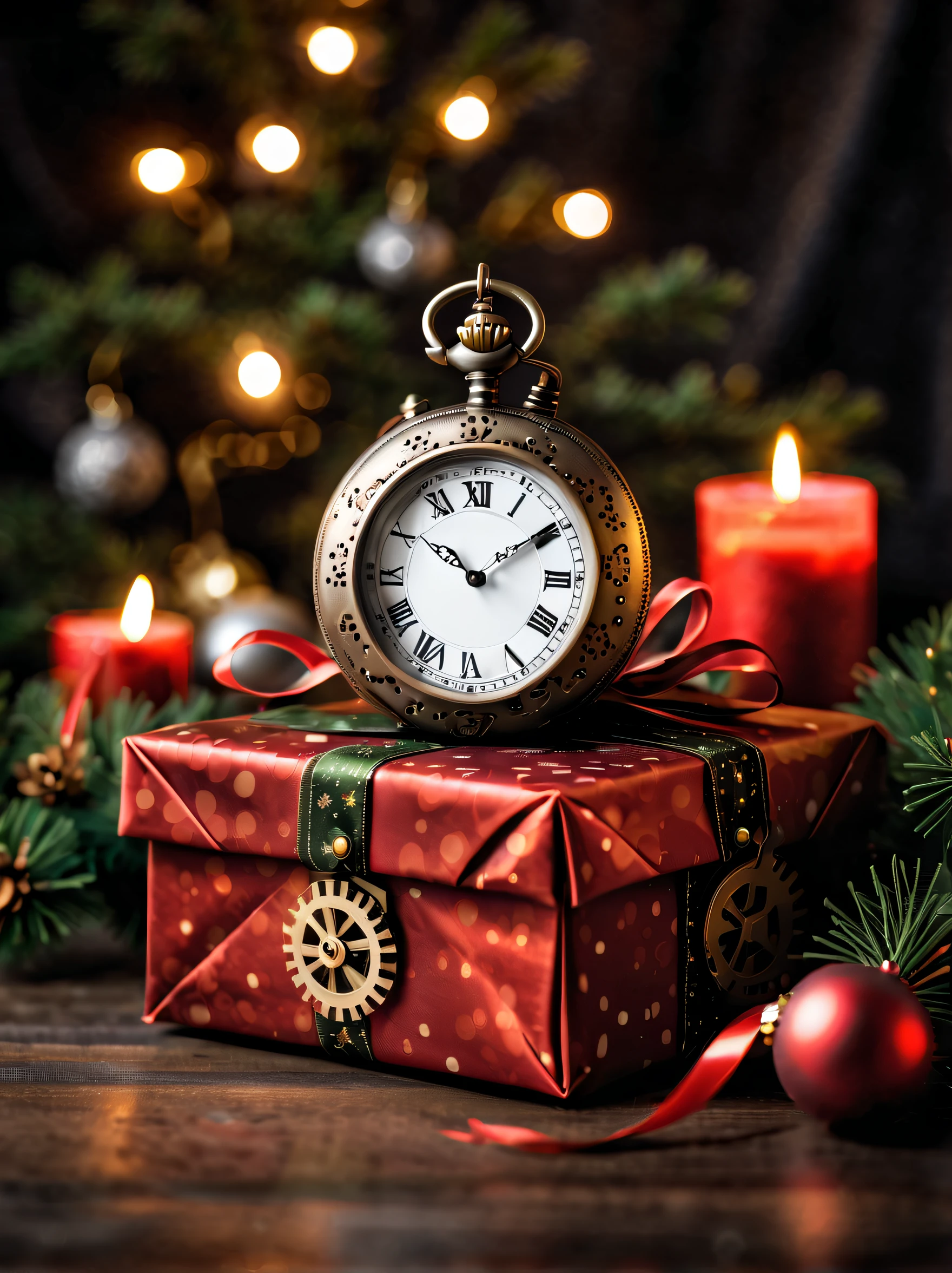 (((Christmas decoration illustration:1.3))), Christmas present box with ribbon, steampunk pocket watch, Christmas tree, christmas lights, reflection effect, Like a still image like a movie, Furlong rotor and table on dark fantasy tablecloth, low key lighting, smooth detail, High quality, Amazingly detailed rendering, Tonal contrast, fine coating, Cute atmosphere,