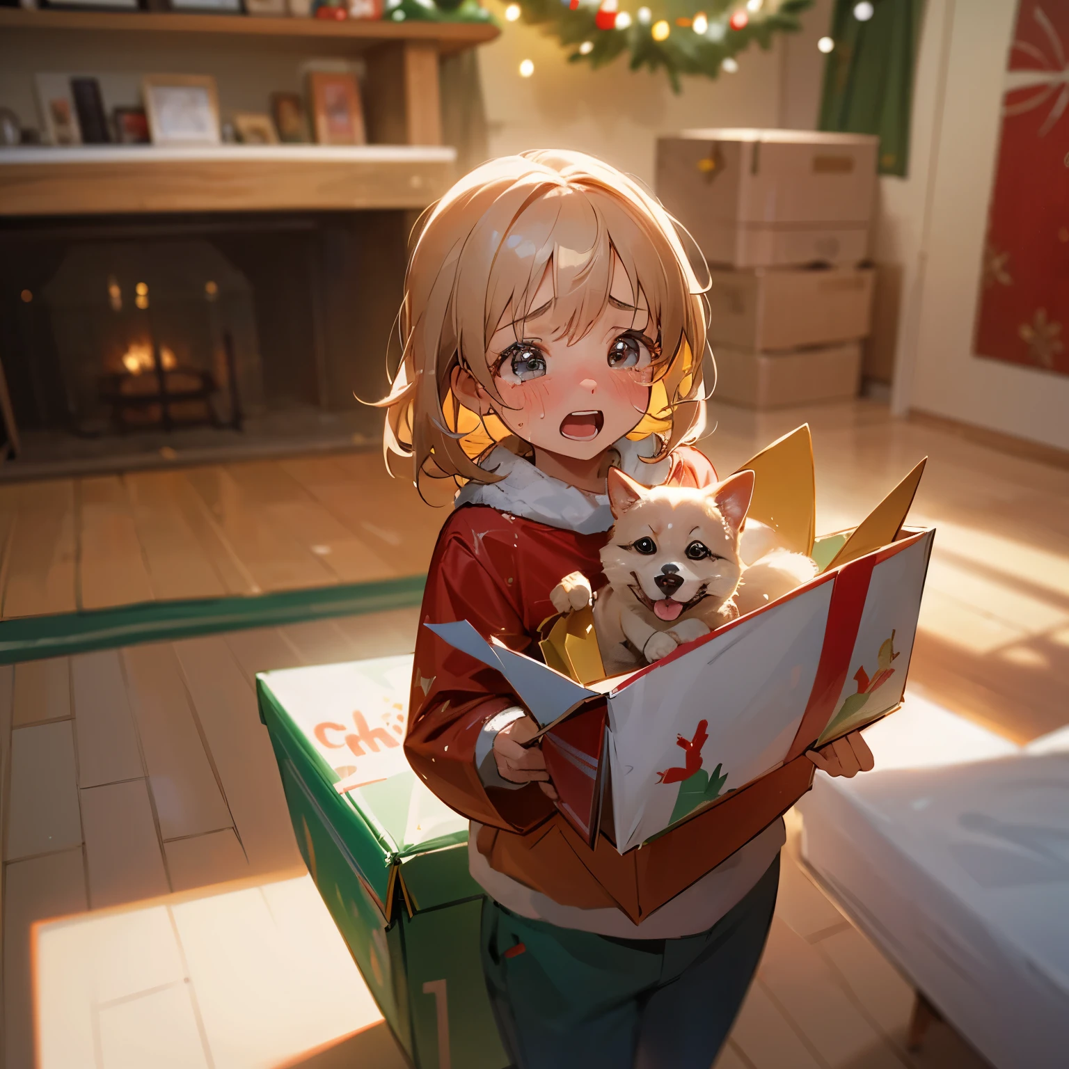 finest image, 8k, RAW photo, realistic, detailed, delicate, flashy and dynamic depiction, , beautiful girl cries with surprise and happiness after receiving a big box of Christmas presents, a living room decorated for Christmas, and a puppy