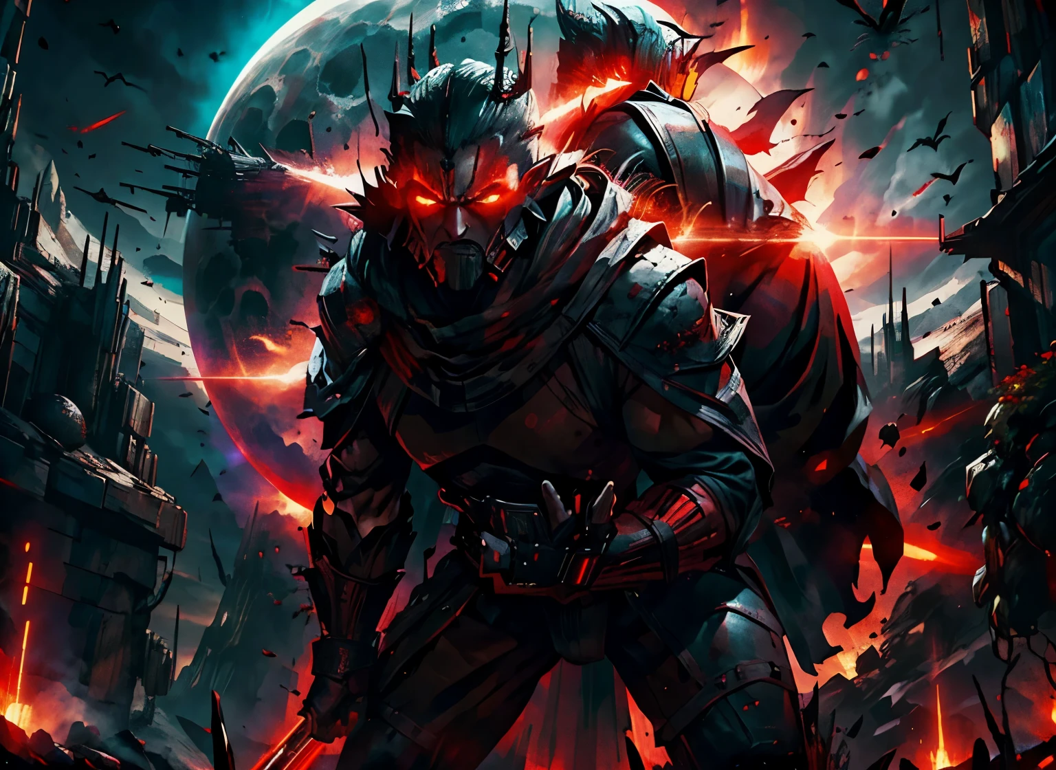 2 fierce evil sith warriors, men, sith robes, red light sabers at the ready, red eyes, ready for war, space opera, massive space ships, traces of the force around the men, explosions rock the planet