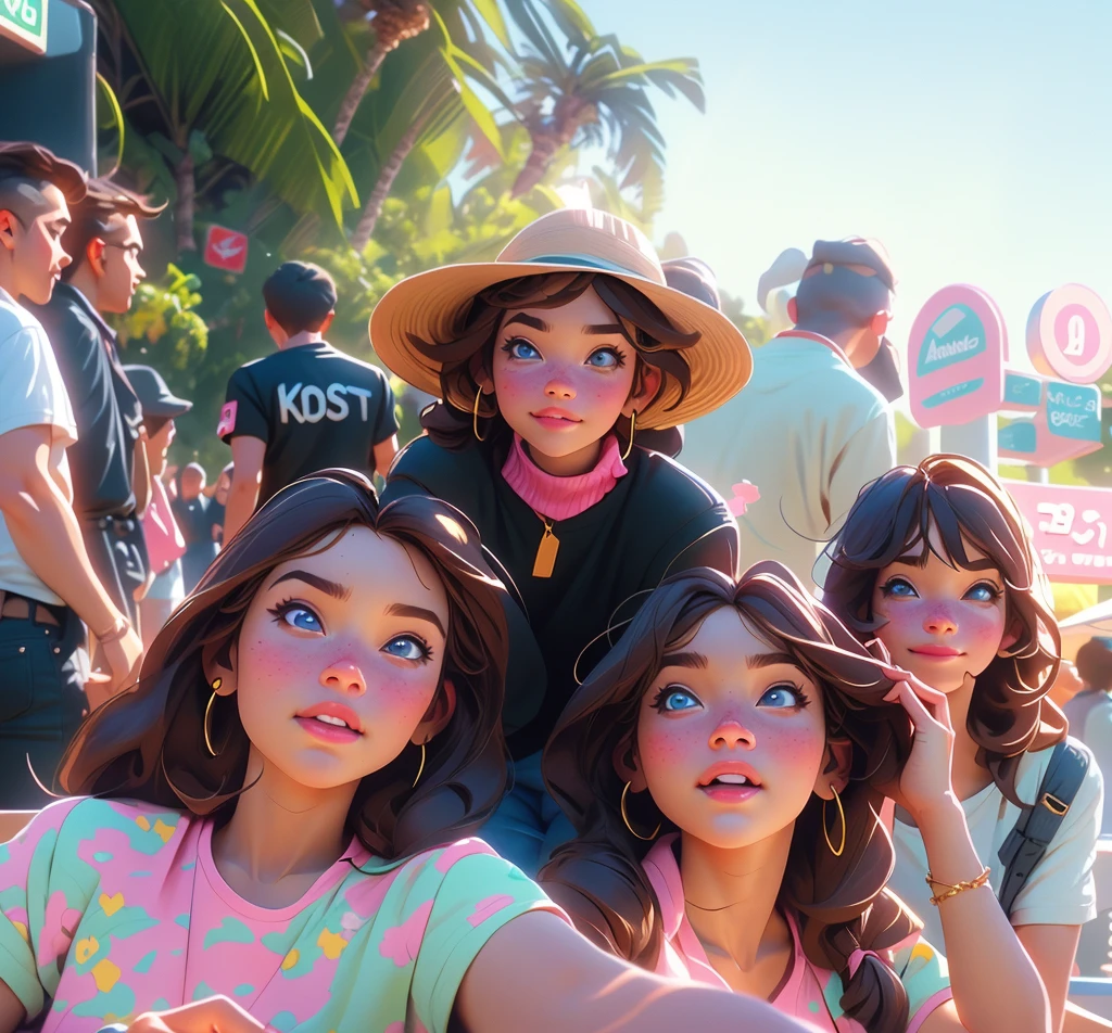 There are many people posing for photos together, Disney style, (youth: 1.1), cute boy, detailed eyes, (sunlight: 1.2), bright, soft lighting, shadows, ray tracing, warm color palette, pink tones, pink decorations, high resolution, strong outlines, colorful background, aggressive, beautiful (Illustration: 1.05), (film lighting: 1.1), cool aesthetic, aesthetic style, hard illustration, backwards, 8k, film grain, Kodak Portra 800, f1 .8. Golden hour