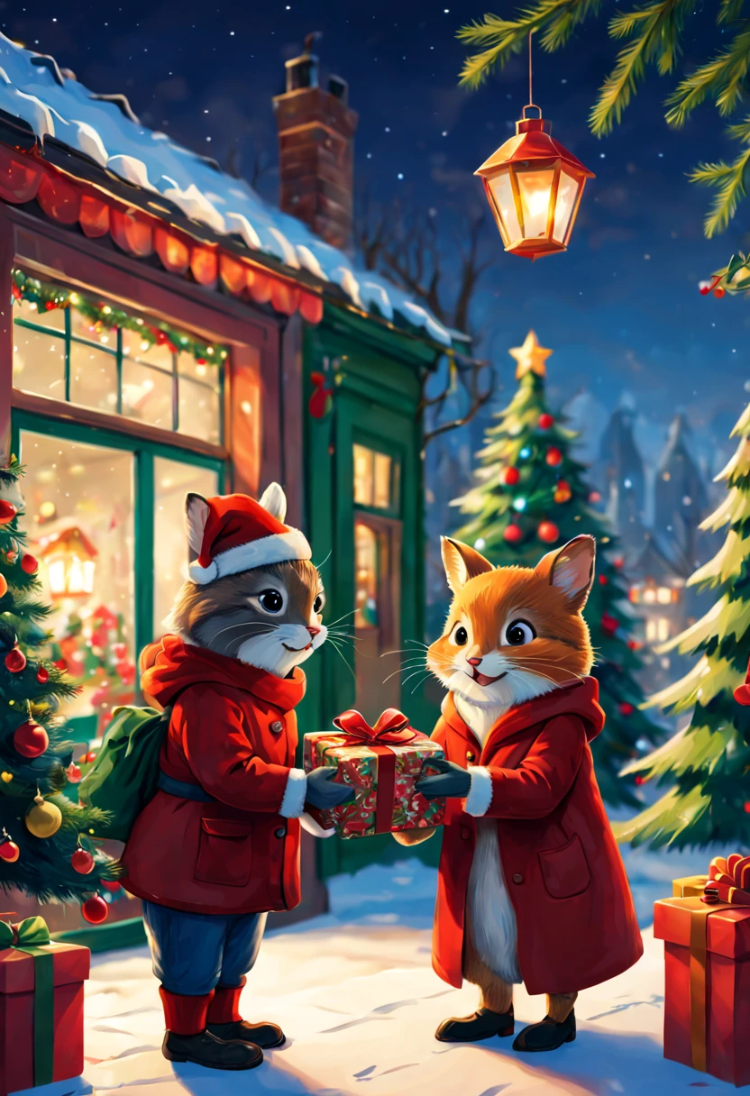 couple Exchange Christmas Gift, Holding Gift, Receive Christmas Gift, Give Gift, Festive atmosphere, surprise, by Richard Scarry, enhance, intricate, (best quality, masterpiece, Representative work, official art, Professional, unity 8k wallpaper:1.3)