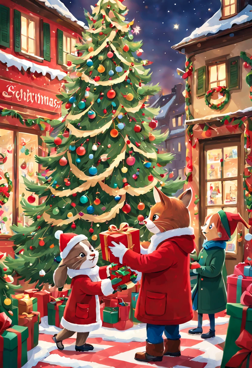 couple Exchange Christmas Gift, Holding Gift, Receive Christmas Gift, Give Gift, Festive atmosphere, surprise, by Richard Scarry, enhance, intricate, (best quality, masterpiece, Representative work, official art, Professional, unity 8k wallpaper:1.3)