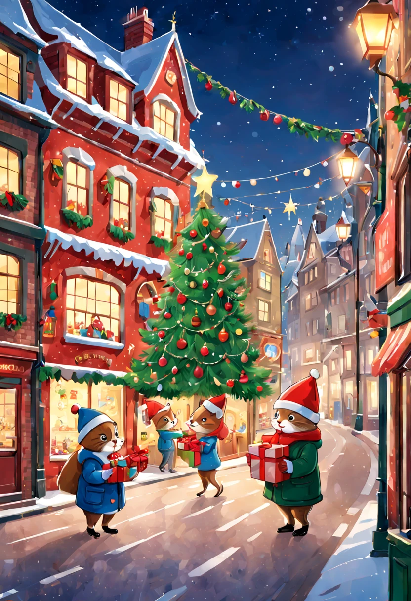 couple Exchange Christmas Gift, Holding Gift, Receive Christmas Gift, Give Gift, Festive atmosphere, surprise, by Richard Scarry, enhance, intricate, (best quality, masterpiece, Representative work, official art, Professional, unity 8k wallpaper:1.3)