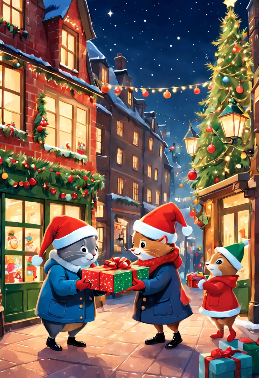 couple Exchange Christmas Gift, Holding Gift, Receive Christmas Gift, Give Gift, Festive atmosphere, surprise, by Richard Scarry, enhance, intricate, (best quality, masterpiece, Representative work, official art, Professional, unity 8k wallpaper:1.3)