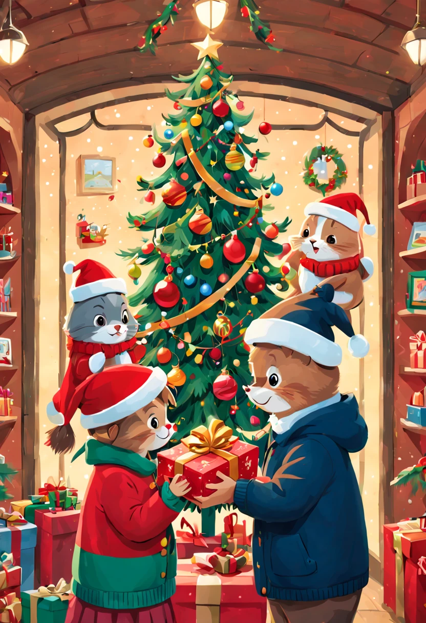couple Exchange Christmas Gift, Holding Gift, Receive Christmas Gift, Give Gift, Festive atmosphere, surprise, by Richard Scarry, enhance, intricate, (best quality, masterpiece, Representative work, official art, Professional, unity 8k wallpaper:1.3)