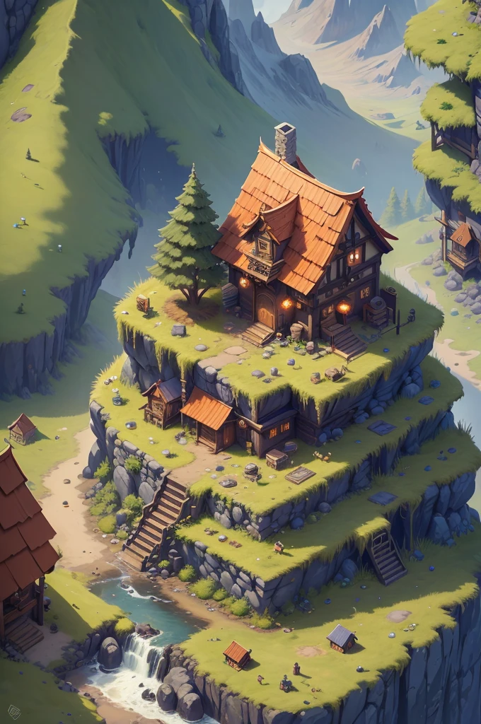 Pixel game scenes，Isometric architecture，rpg mountain town center stage valley detailed