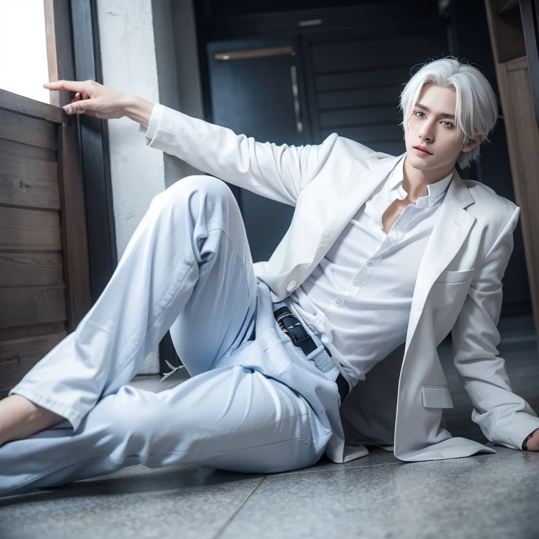 A boy with a realistic white hair ,cool expression,realistic korean handsome man,realistic blue eyes,realistic bright ,full body,cool pose