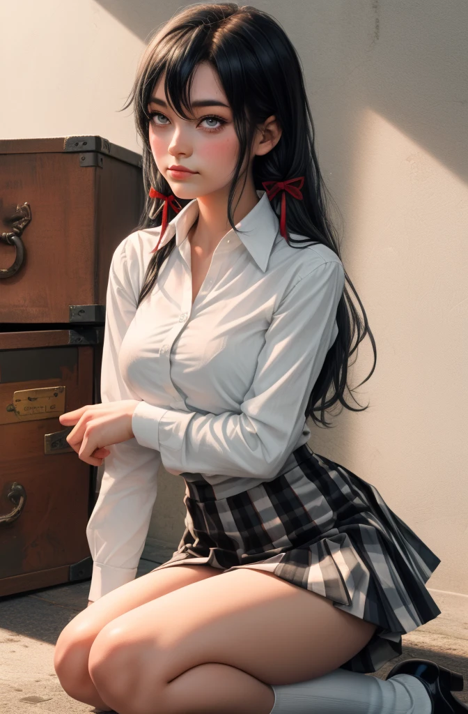 (full figure:1.1), (1 girl as yukino yukinoshita:1.5), highres, solo, big breasts, waist long black hair, (twintails:0.5), (pleated school miniskirt:1.5), (black knee high socks:1.5), (loose red ribbon:1.2), (cotton skirt:1.5), (unbuttoned white shirt:1.4), (ahegao:1.5), green eyes, (rolling eyes:1.5), (naked breasts:1.5), spread legs, (squatting:1.1), legs wide open, (drugged:1.5), (kneesocks:1.5)