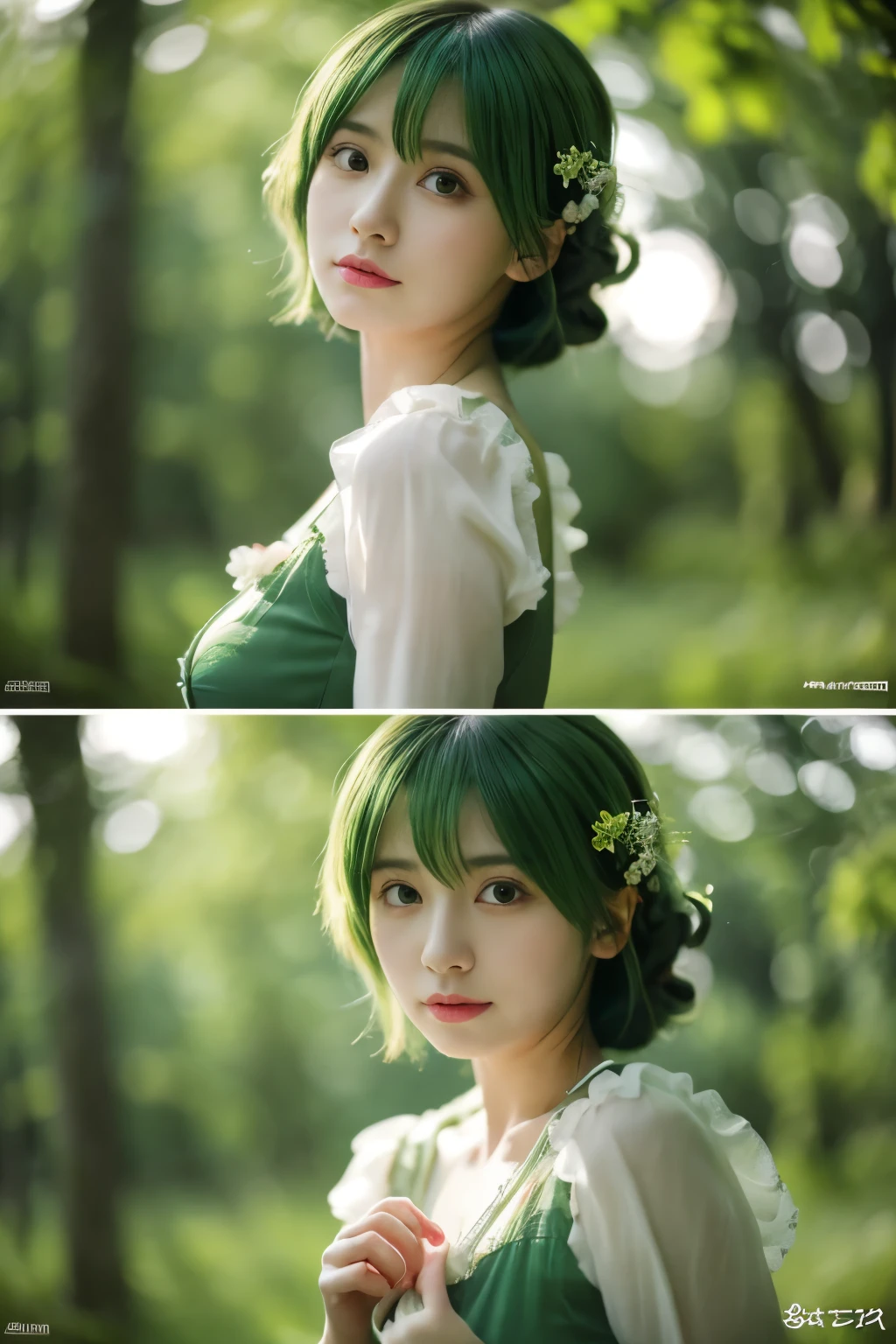Best Quality, 4K, 8K, hight resolution, masterpiece, Ultra-detailed, Realistic, Cinematic lighting, dynamic angle, Beautiful detailed glow, Light leak, amazing, Intricate details, Photorealistic, Green hair, A cute Japanese woman, 20s female, Small breasts,"「Embrace nature」Themed images. This scene features a woman with a natural expression.., Green environment, like a forest or grassland, Embrace the beauty of nature. she is interacting with the surrounding elements, Touching the tree、Her clothing and pose should reflect a deep connection with nature, probably wearing a dress, Sexy, Lying in green,