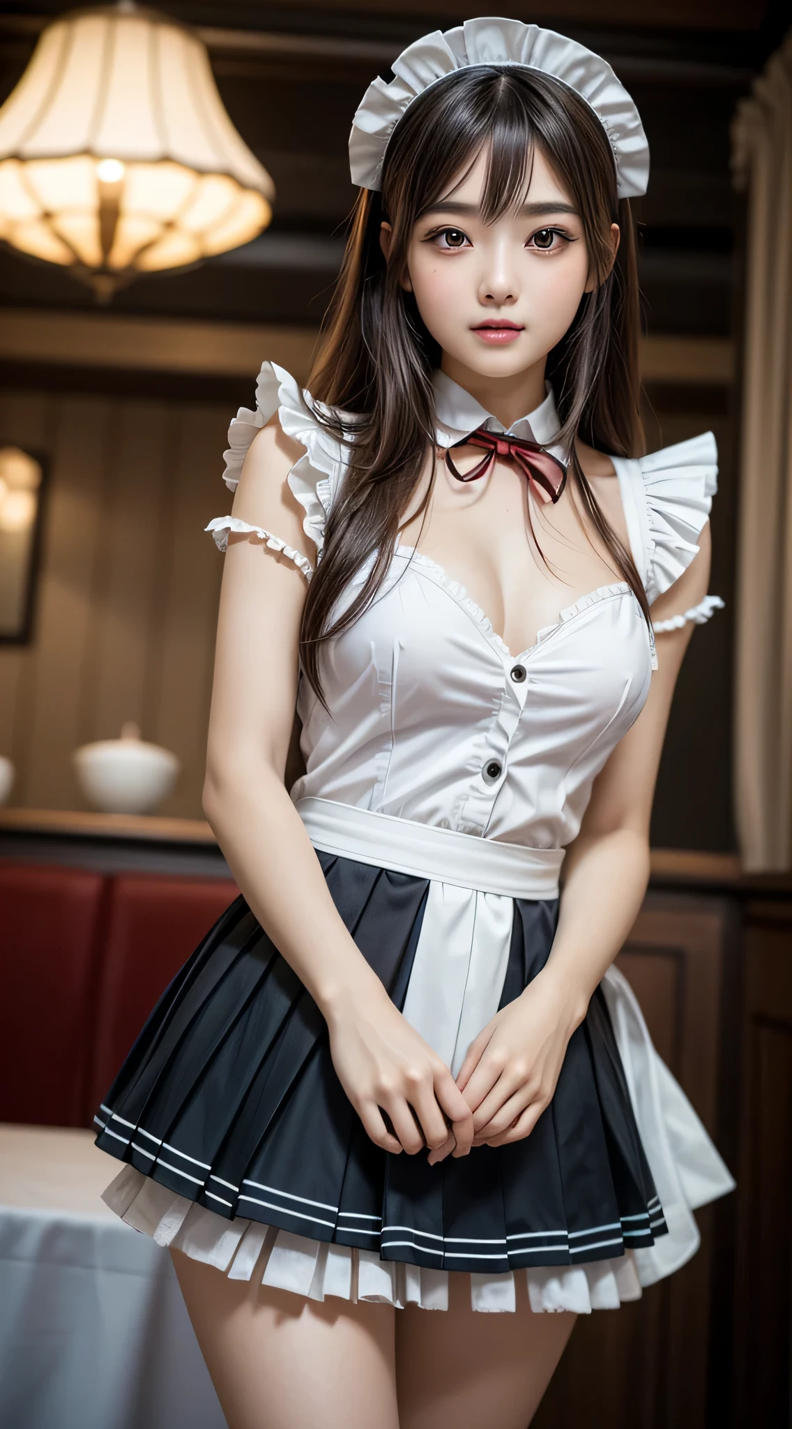 (ung girlrown hair, Amazing face and eyes, Pink eyes, seducting smile, (Maid café costume with frills, Pleated mini-skirt:1.5), (Wide open maid cafe costume:1.2), bared chest, (amazingly beautiful girl), Brown hair, Stylish hair ornamen Quality:1.4), (Ultra-detailed), (extremely detailed CG unified 8k wallpaper), Highly detailed, High-definition raw color photos, Professional Photography, depth of fields, (View from below),