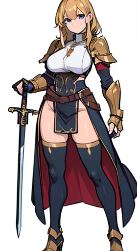(((Best Quality))) , ((full body)), female, reference sheet, solo, (white background), holding sword, gauntlets, waist armor, thigh high, side slit, loin cloth,