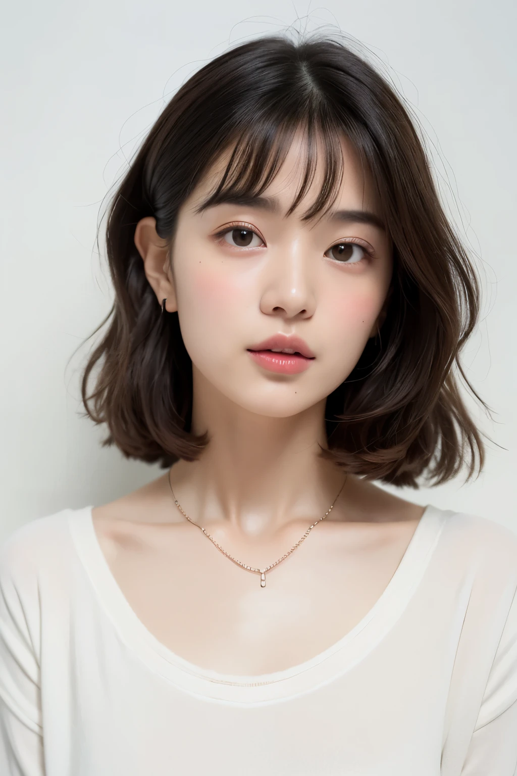 (top-quality、8K、32K、​masterpiece、nffsw:1.2)、cute little日本人女性の写真、large full breasts、very short bobbed hair、The upper part of the body、sface focus、Oversized_Sweaters、a necklace、simple background、From  above、looking at the viewers、mix4、(8K、Raw photography、top-quality、​masterpiece:1.2)、(realisitic、Photorealsitic:1.37)、1girl in、cute little、profetional lighting、photon maping、physically-based renderingt、Gradient Brunette Hair、short  curly hair、a handsome、Girly、superior image quality、hight resolution、1080p、(Clear face)、(Detailed face description)、(Detailed hand description)、(masuter piece)、(Exquisite CG)、 extreme light and shadows、hair messy、​masterpiece、lush detail、(Exquisite facial features)、(The highest image quality)、(​masterpiece)、(A detailed eye)、Looking forward to your eyes、Delicate collarbones、Poses variadas、don&#39;t watch mela、profile、white walls、Taken in front of the white door、(窓のあるwhite wallsの部屋)、Autumn clothes、Winter clothes、シンプルa necklace