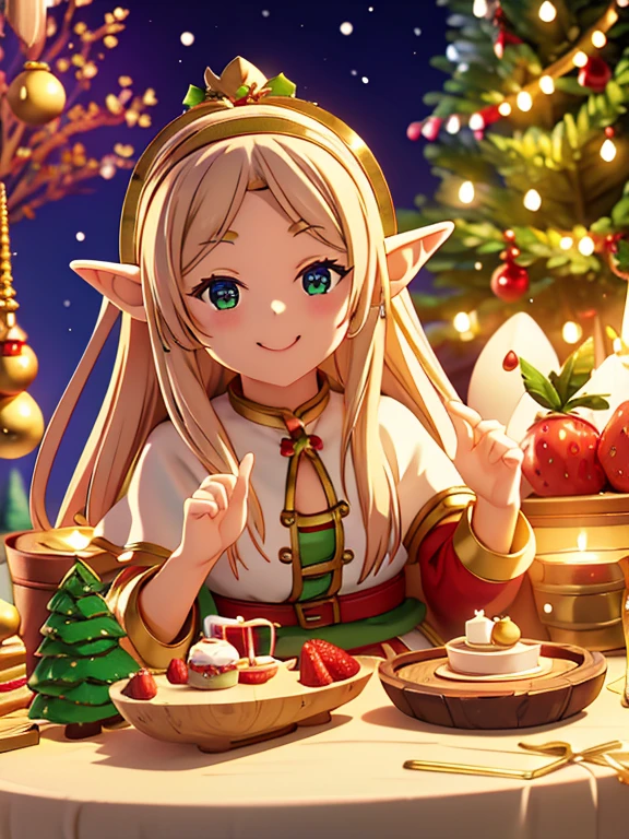 Big treasure chest、Cute smiling elf sitting、lots of treasures and sweets、Christmas tree、Strawberry cake、number々treasure of、Christmas present、Christmas Lights、