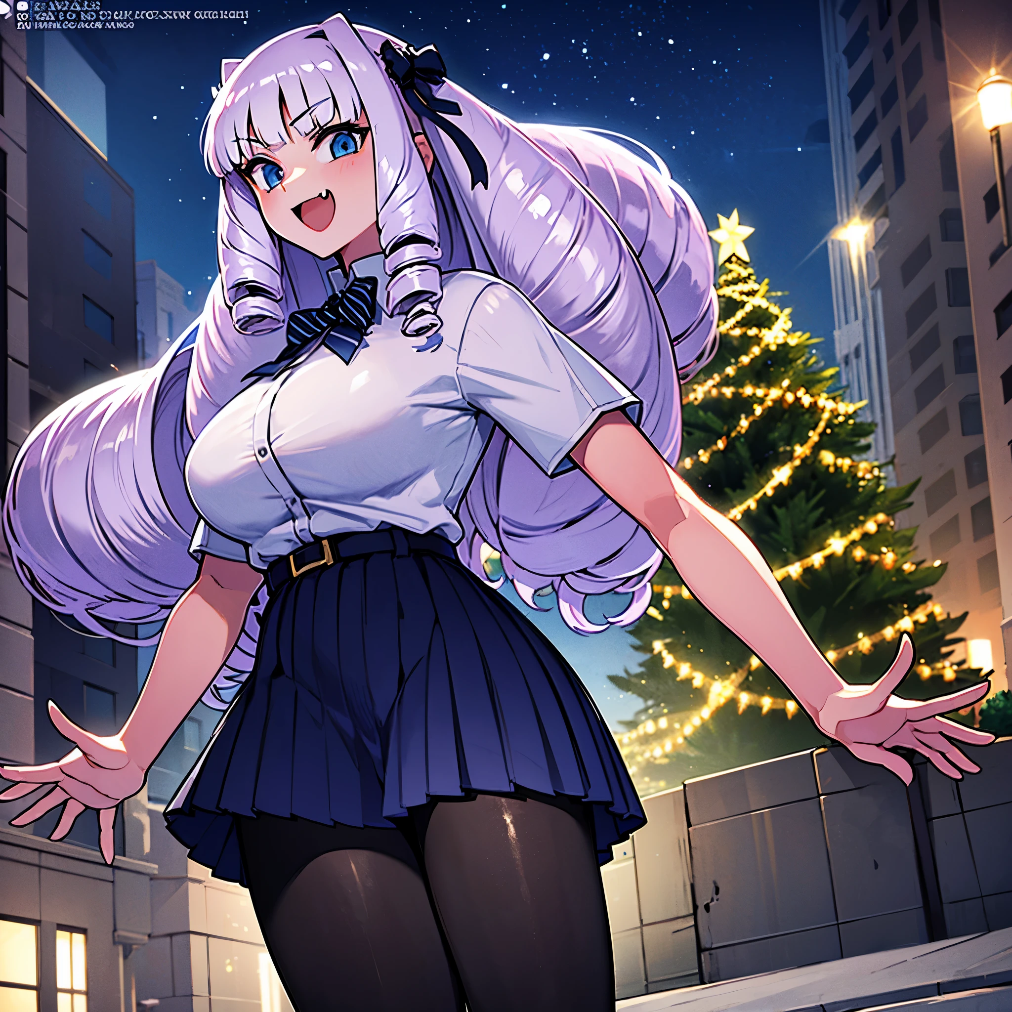 1girl, solo, Fujido Oriko, giantess, black pantyhose, blue eyes blue skirt, blunt bangs, breasts, cowboy shot, drill hair, fang, large breasts, long hair, looking at viewer, looking back, open mouth, pantyhose, pleated skirt, purple hair, shirt, short sleeves, skirt, kung fu pose, white hair, white shirt, standing, giant among buildings, taller than a skyscraper,  (best quality, masterpiece:1.15),1girl, decorating christmas tree,