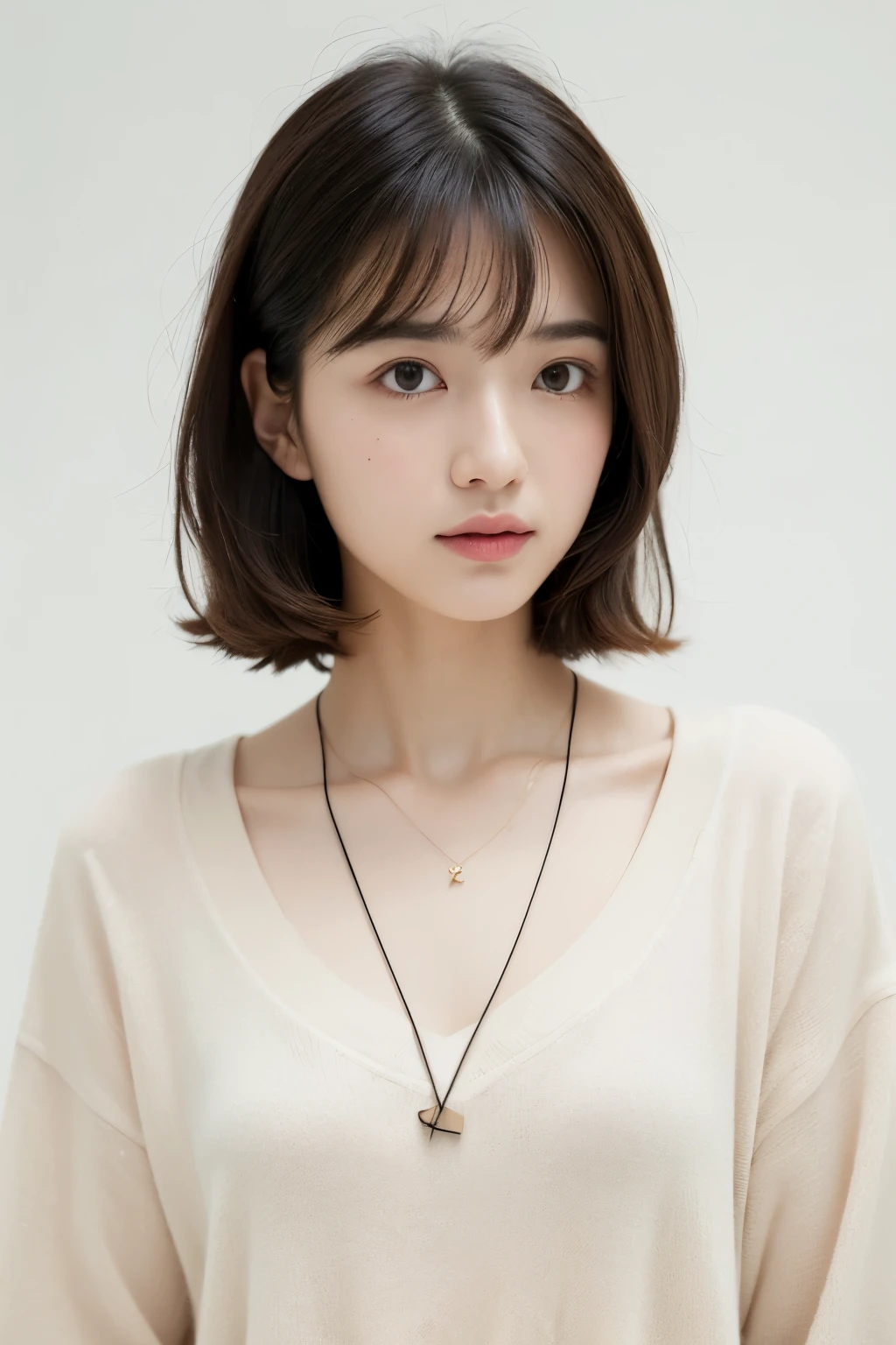 (top-quality、8K、32K、​masterpiece、nffsw:1.2)、cute little日本人女性の写真、large full breasts、very short bobbed hair、The upper part of the body、sface focus、Oversized_Sweaters、a necklace、simple background、From  above、looking at the viewers、mix4、(8K、Raw photography、top-quality、​masterpiece:1.2)、(realisitic、Photorealsitic:1.37)、1girl in、cute little、profetional lighting、photon maping、physically-based renderingt、Gradient Brunette Hair、short  curly hair、a handsome、Girly、superior image quality、hight resolution、1080p、(Clear face)、(Detailed face description)、(Detailed hand description)、(masuter piece)、(Exquisite CG)、 extreme light and shadows、hair messy、​masterpiece、lush detail、(Exquisite facial features)、(The highest image quality)、(​masterpiece)、(A detailed eye)、Looking forward to your eyes、Delicate collarbones、Poses variadas、don&#39;t watch mela、profile、white walls、Taken in front of the white door、(窓のあるwhite wallsの部屋)、Autumn clothes、Winter clothes、シンプルa necklace