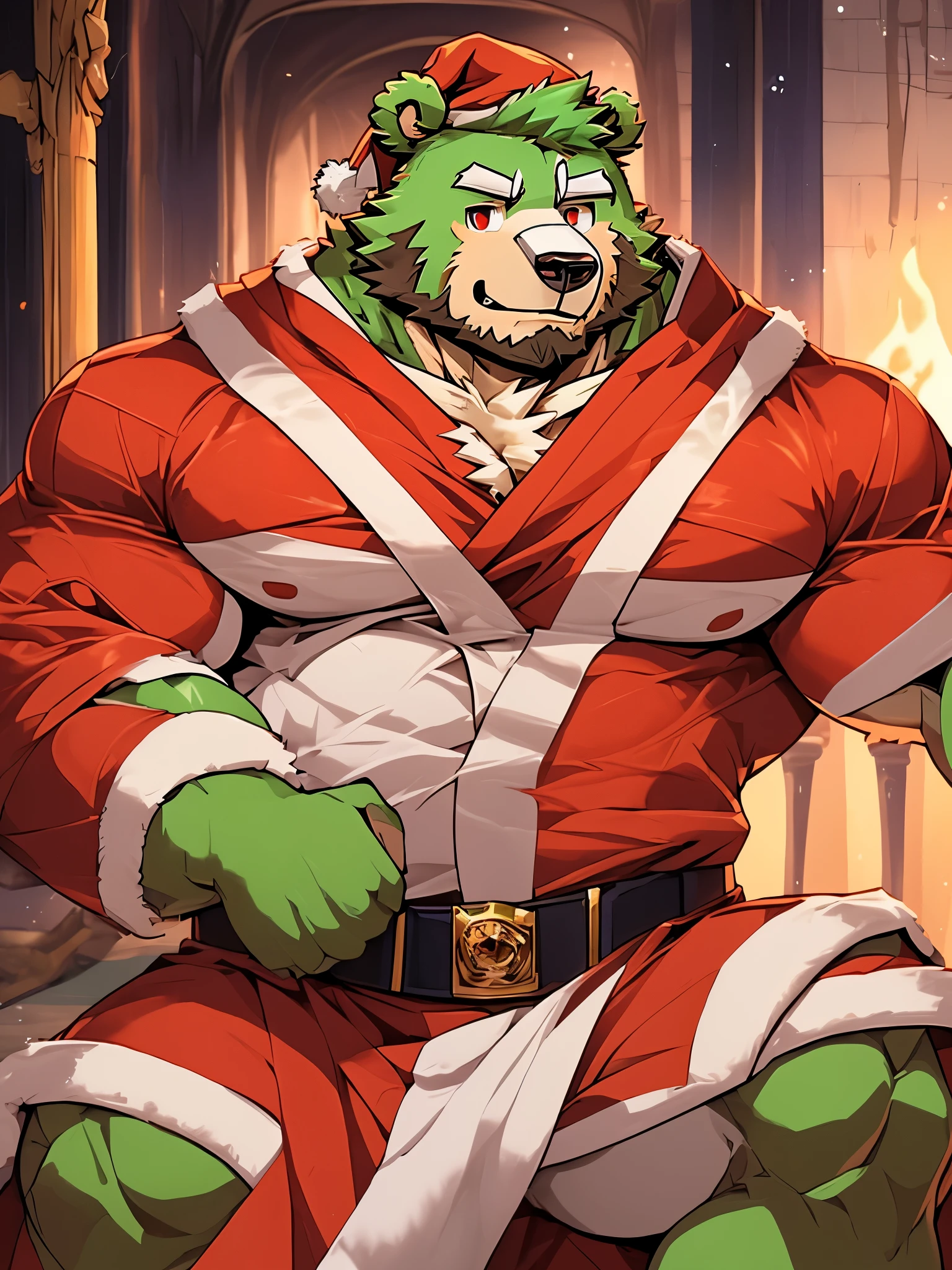 anthro ((bear)), furry, bear, green fur, green hair, ((beard)), male, white eyebrows, red eyes, masterpiece, ((Best quality)), character focus solo, handsome, middle-aged, mature, muscle body, sexy, dilf, full body, (((jinpei))), ((naked body)), ((muscle)), ((erection upward)), (wrapped by red ribbons), (santa clause hat), 2boy