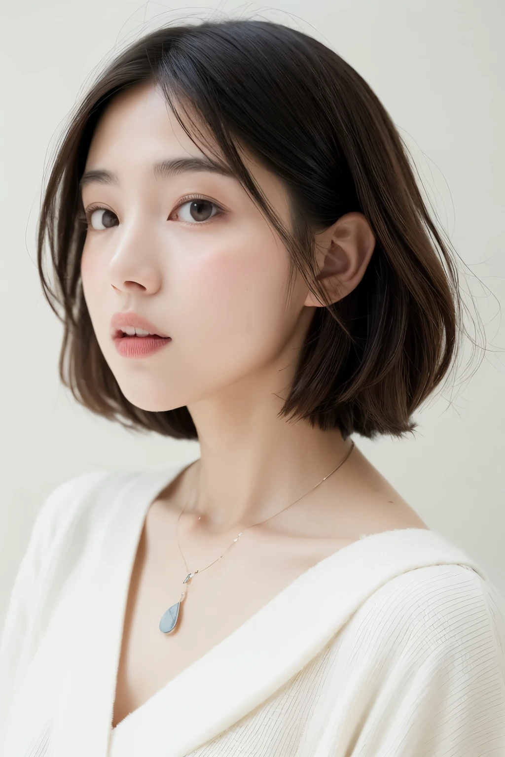 (top-quality、8K、32K、masterpiece、nffsw:1.2)、cute little日本人女性の写真、large full breasts、very short bobbed hair、The upper part of the body、sface focus、Oversized_Sweaters、a necklace、simple background、From above、looking at the viewers、mix4、(8K、Raw photography、top-quality、masterpiece:1.2)、(realisitic、Photorealsitic:1.37)、1girl in、cute little、profetional lighting、photon maping、physically-based renderingt、Gradient Brunette Hair、short curly hair、a handsome、Girly、superior image quality、hight resolution、1080p、(Clear face)、(Detailed face description)、(Detailed hand description)、(masuter piece)、(Exquisite CG)、 extreme light and shadows、hair messy、masterpiece、lush detail、(Exquisite facial features)、(The highest image quality)、(masterpiece)、(A detailed eye)、Looking forward to your eyes、Delicate collarbones、Poses variadas、don't watch mela、profile、white walls、Taken in front of the white door、(窓のあるwhite wallsの部屋)、Autumn clothes、Winter clothes、シンプルa necklace