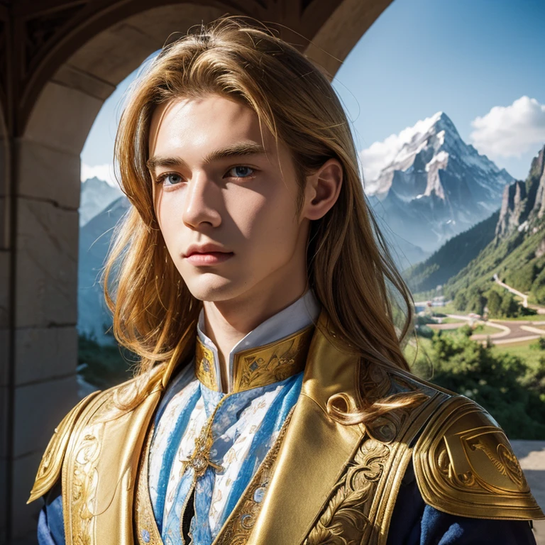 (masterpiece),(best quality), illustration, (fantasy:1.4), perfect male face, solo, cute detailed digital art, beautiful face, golden hair, castle, mountain, a young man, , paper_cut