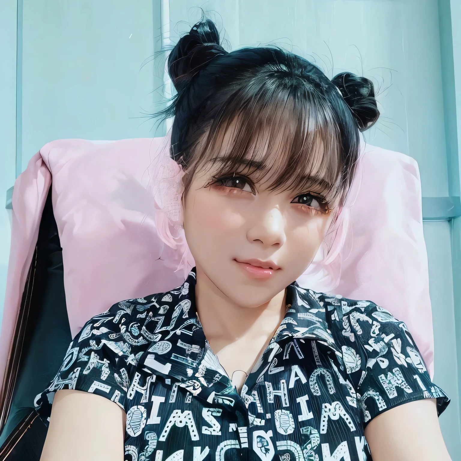 there is a woman sitting in a chair with a pink pillow, with short hair, ruan cute vtuber, nivanh chanthara, 2 7 years old, anime thai girl, 3 0 years old woman, 30 years old woman, picture, my linh, headshot profile picture, uploaded, 2 8 years old, with long hair