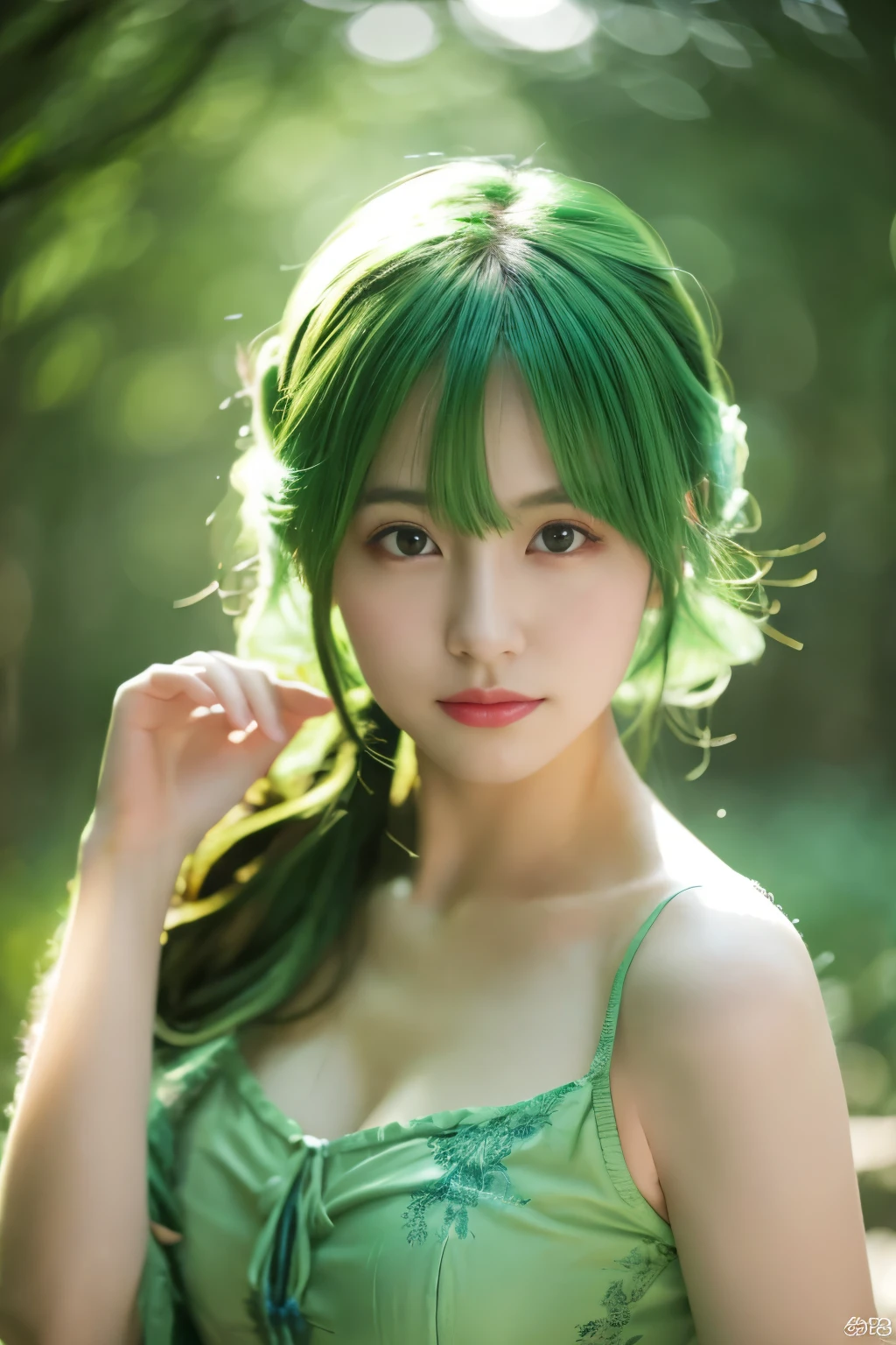 8K resolution, Masterpiece quality: 1.2, Photo-realistic: 1.4, Detailed 8K wallpaper, Cinematic lighting, Sharp full body focus, (20-year-old Japanese idol with perfect body and green hair, (green hair) Green lingerie, Tranquil private bedroom with green decor, Alluring grace, nsfw, shy, Softly lit intimate space."