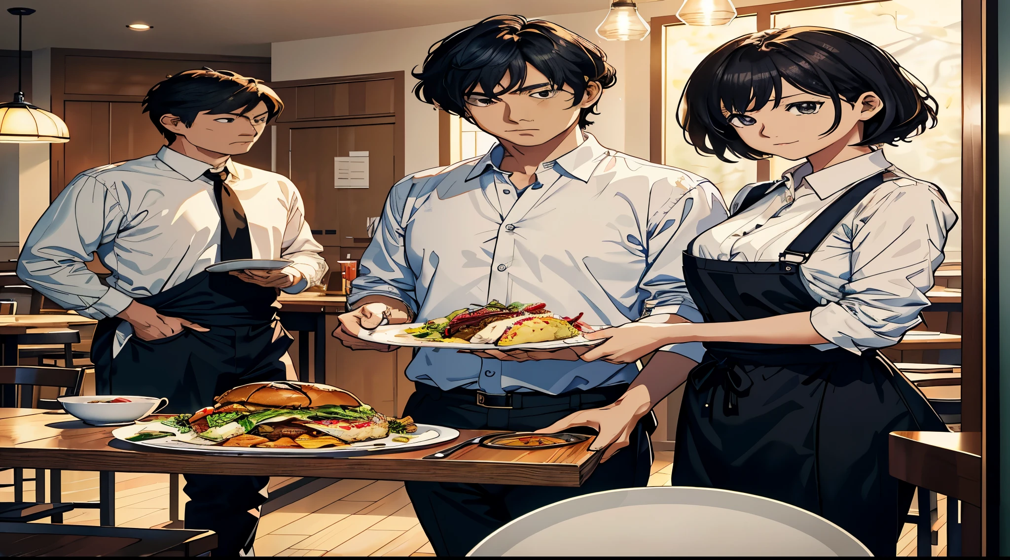 anime characters holding plates of food in a dining room, hamburger, offcial art, dining room!!, Today’s recommended anime is still, Anime food, ( Waitress ) girl, author：Kikukawa Sakaeyama, Official illustration, high detailed offcial artwork, dining room!, dinner is ready, Propaganda art, Samu rice sauce and Shinkai Makoto