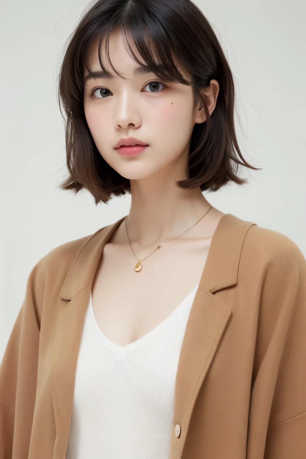 (top-quality、8K、32K、masterpiece、nffsw:1.2)、cute little日本人女性の写真、large full breasts、very short bobbed hair、The upper part of the body、sface focus、Oversized_Sweaters、a necklace、simple background、From above、looking at the viewers、mix4、(8K、Raw photography、top-quality、masterpiece:1.2)、(realisitic、Photorealsitic:1.37)、1girl in、cute little、profetional lighting、photon maping、physically-based renderingt、Gradient Brunette Hair、short curly hair、a handsome、Girly、superior image quality、hight resolution、1080p、(Clear face)、(Detailed face description)、(Detailed hand description)、(masuter piece)、(Exquisite CG)、 extreme light and shadows、hair messy、masterpiece、lush detail、(Exquisite facial features)、(The highest image quality)、(masterpiece)、(A detailed eye)、Looking forward to your eyes、Delicate collarbones、Poses variadas、don't watch mela、profile、white walls、Taken in front of the white door、(窓のあるwhite wallsの部屋)、Autumn clothes、Winter clothes、シンプルa necklace、Brown jacket
