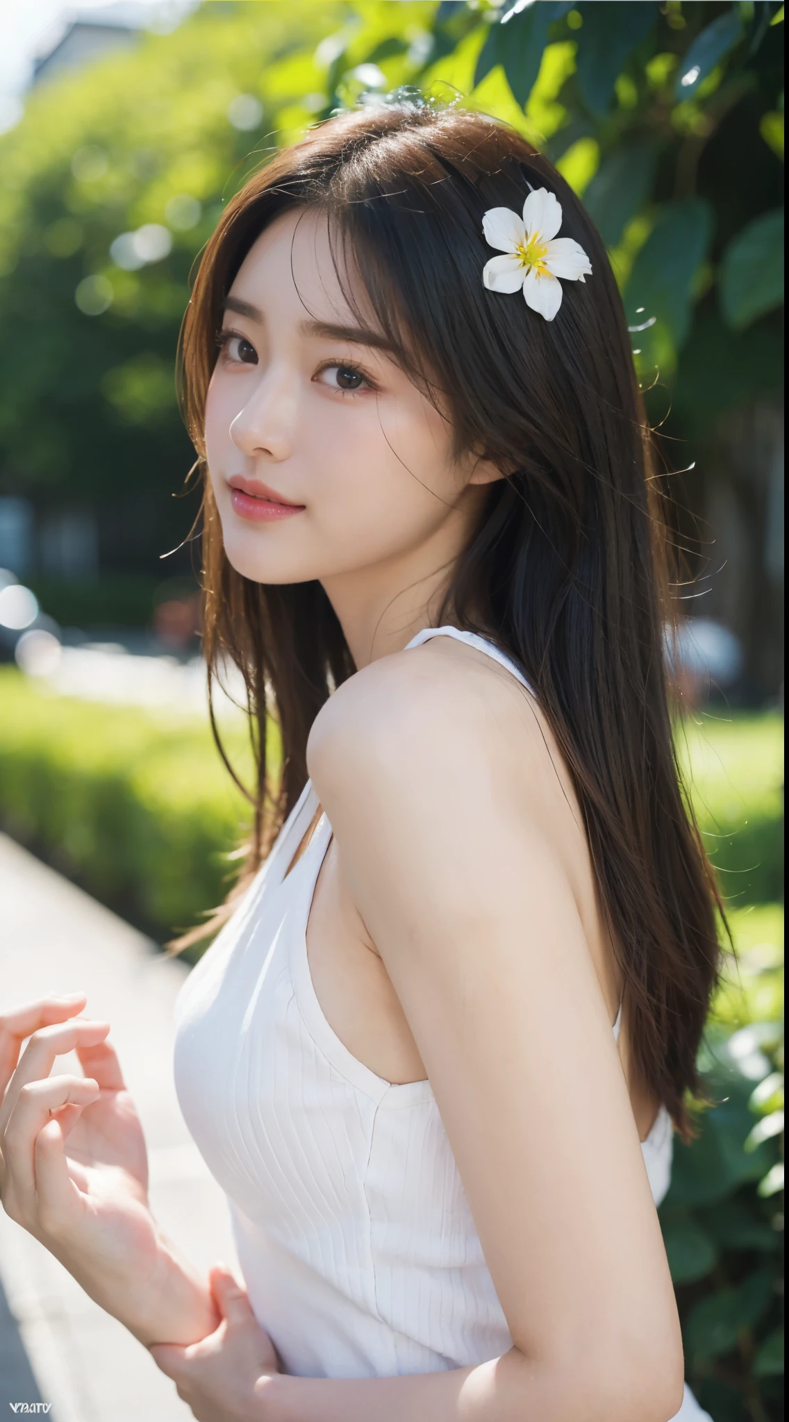 A woman in a white dress standing on a sidewalk - SeaArt AI