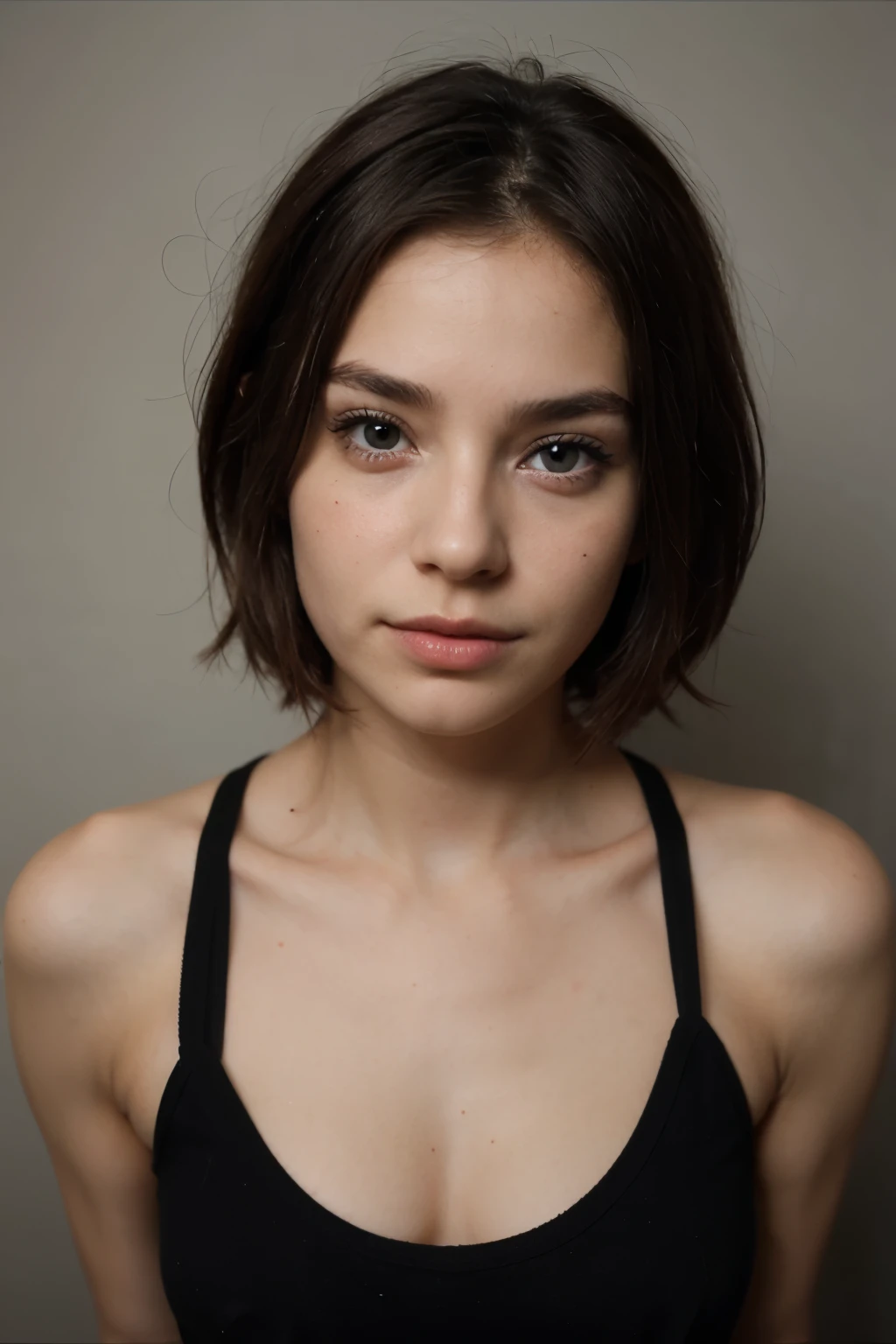Petite , cheveux noir , yeux bleu , visage doux, jeune