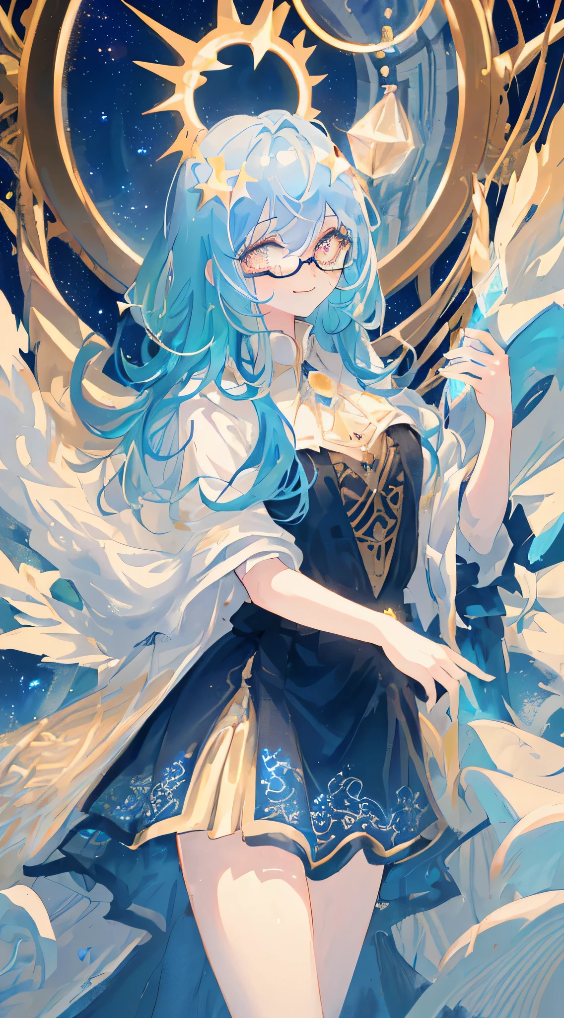 ((masterpiece、top-quality、Official art、Beautifully Aesthetic:1.2))、(the golden ratio:1.2)、(ultra-detailliert:1.3)、(1girl in:1.3)、(Fractal Art:1.3)、(Glitter pupils)、((Half Blue:1.2、Half dark blue:1.5))、(heterochromia iridilue right eye and light blue left eye)、((A smile))、(Hyper-detailing), ((delicate detail)), (intricate detailes), ((ciinematic light, best quality backlight)), ((The best lighting, extremely delicate and beautiful)), (ray trace reflection、brilliance)、((glowing aura))、((Radiant hair))、((The ultra-detailliert))、((night sky full of stars))、(Shining eyes:1.5),(Crystal pupil:1.2),(Big eyes)、(Crystals in the eye),(Round glasses)、((High School Uniformeautidful eyes))、((shinny hair))、((Glossy hair))、Light reflected in the hair