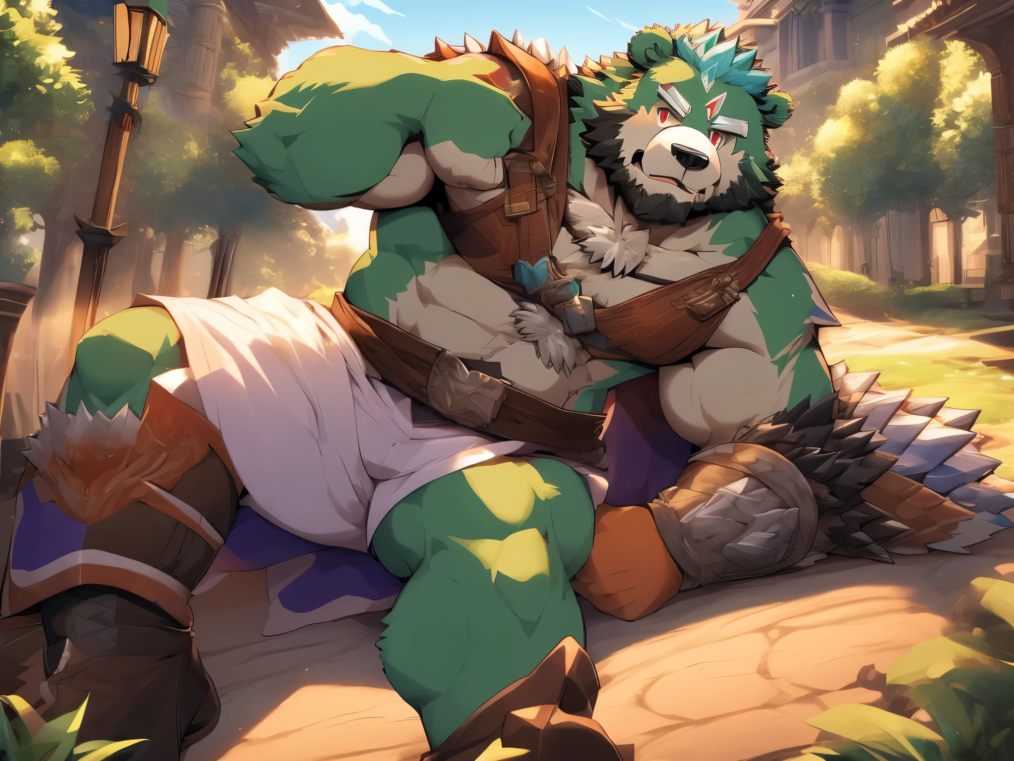 anthro ((bear)), furry, bear, green fur, green hair, ((beard)), male, white eyebrows, red eyes, masterpiece, ((Best quality)), character focus solo, handsome, middle-aged, mature, muscle body, sexy, dilf, full body, (((jinpei))), (((monster hunter))), (((weilding nodachi))), (((fighting rathalos from monster hunter world))), (((in the city)))