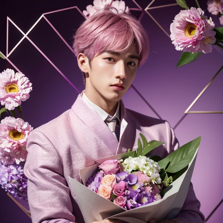 (ultra-detailed background, detailed background), absurdres, highres, ultra detailed, extremly detailed, 1boy, korean handsomeman, pink hair, purple eyes, (bunch of flowers:1.3), (zentangle:1.2), (geometric:1.2),(colorful),