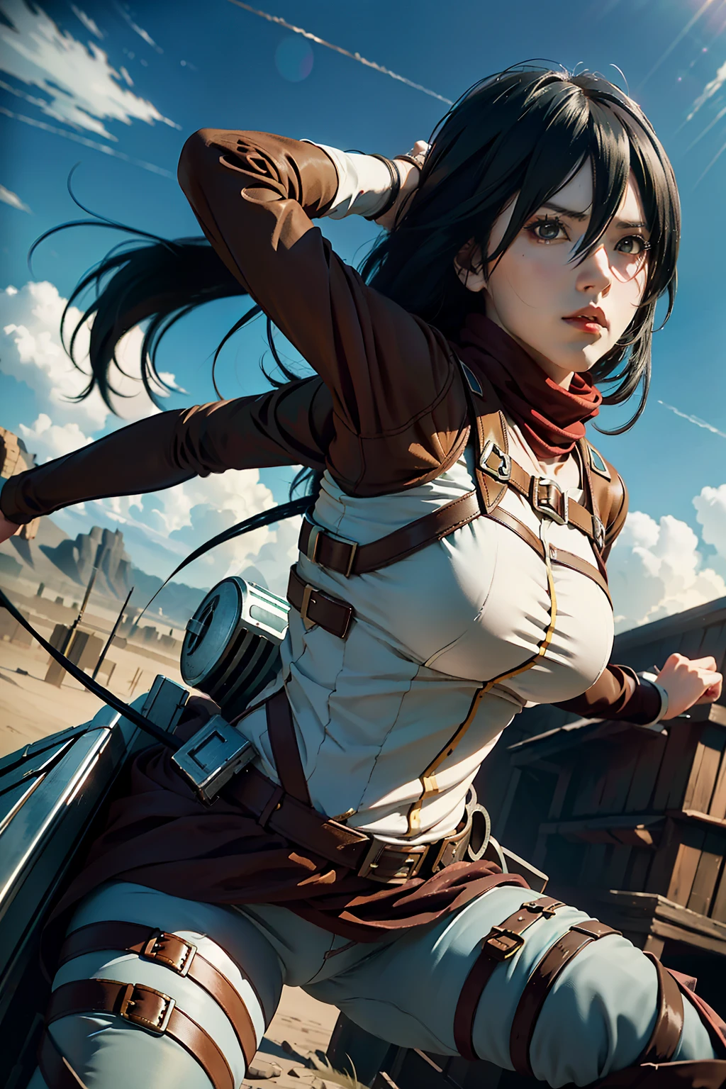 mikasa ackerman, Female action anime girl, badass posture, attack on titans, A scene from the《attack on titanemale anime character, Female protagonist 👀 :8, fubuki, rogue anime girl, anime figure, (Attack on Titan anime), Female protagonist, trigger anime artstyle，1girl， dynamic angle， splashart， [（Arthur Dove's Art：0.7）|The art of Lyubov Popova]， rendering by octane， Complete shot of the charming Amish male silk weaver， CEL shadows， velvet， ribbons， offcial art， Unity 8k壁紙， ultra - detailed， aesthetics， tmasterpiece， best qualtiy， Photorealistic