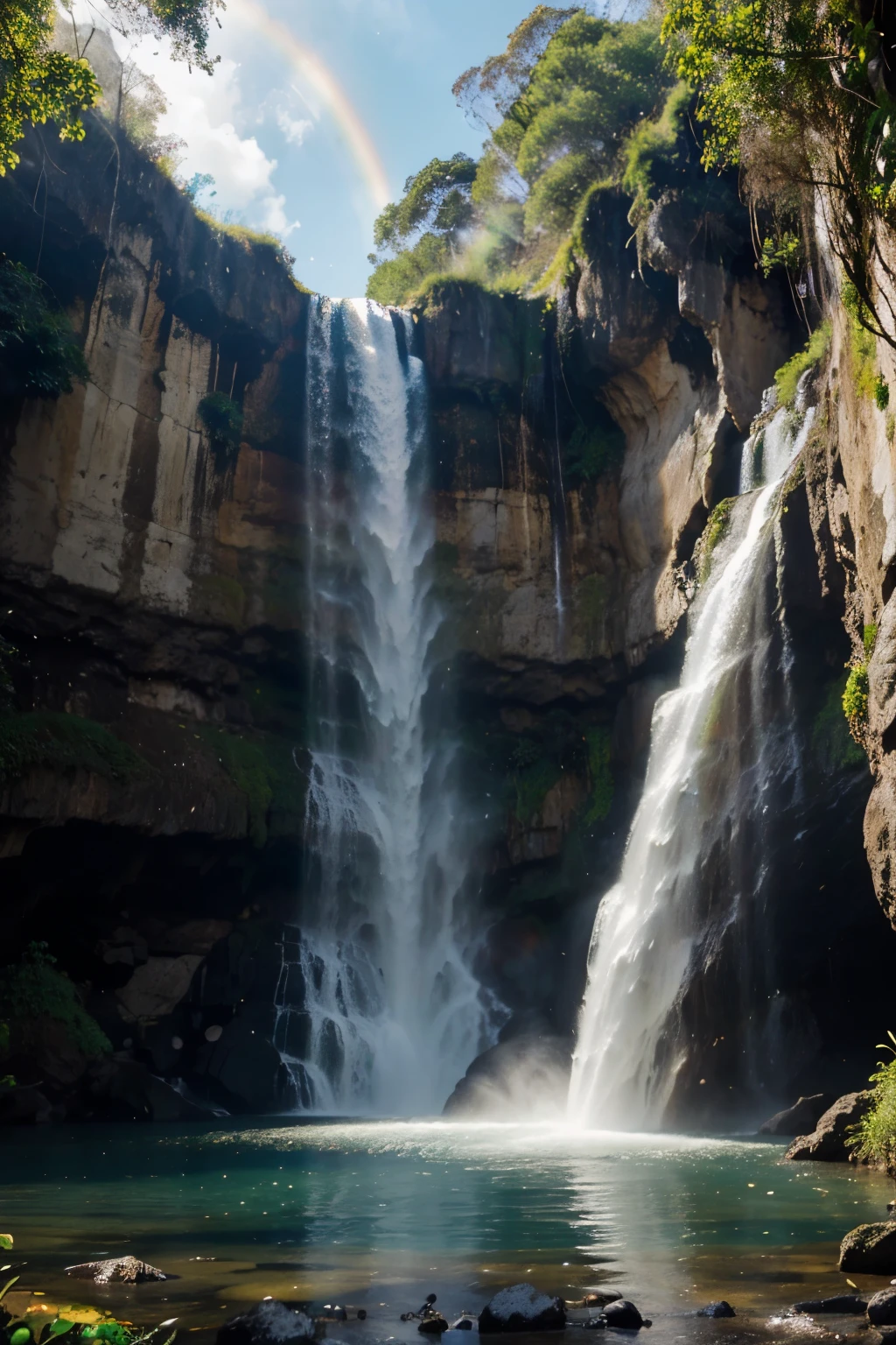 Um vale encantado, lar das fadas, with waterfalls that form rainbows in their waterfalls. Fairies fly in circles, deixando rastros de luz cintilante pelo ar.