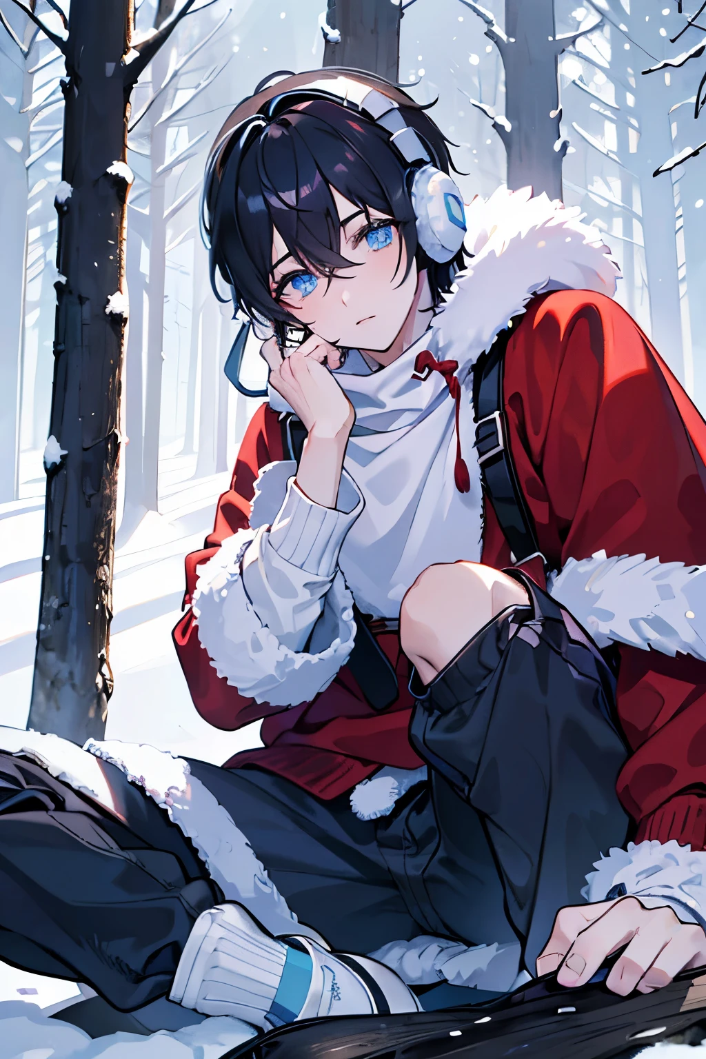 male people　A dark-haired　blue eyess　Earmuffs　trainers　jumper　JINS　trouser　sockes　espadrilles　In the snowy forest　Christmas　​masterpiece　Top image quality　denoise　Clear 　cinematic shadow　Increased attractiveness of the eyes　Clear the shine of the eyes　Draw eyelashes neatly　Perfect Eye　A detailed eye　Sharpen image quality　Sharpen eye writing　Clear eye shape