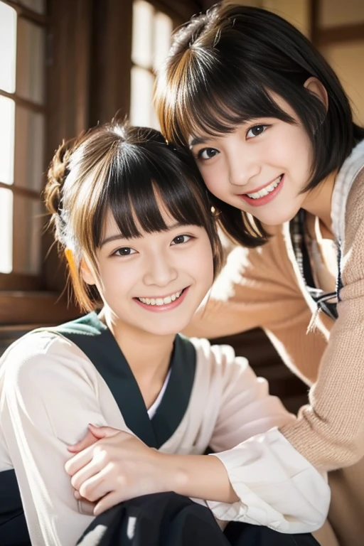Best-quality, Masterpiece, Ultra-High-Resolution, (Photorealistic:1.4), Raw-Photo, 2girls, lesbian-couple, (15-years-old and the most popular Japanese idol, extremely cute face like a most famous Japanese idol, extremely beautiful big-black-eyes, extremely beautiful short-hair), (38-years-old and the most popular Japanese actress, extremely beautiful face like the most famous Japanese actress, extremely beautiful big-eyes, extremely beautiful long-hair), all having a lot of fun at Japanese hot spring inn, all wearing Japanese YUKATA, detailed Japanese-YUKATA