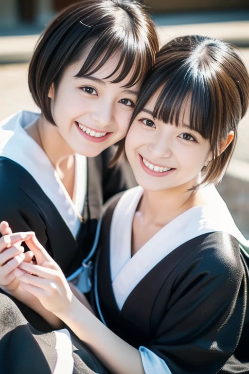 ((​masterpiece))), (Two beautiful Japan girls, classmates, Innocence，kawaii，Boyish short-haired，A dark-haired :1.4)) ，超hight resolution, Realistic, ultra-detailliert, 8K,top-quality, Extremely detailed, Detailed background,A slender,very beautiful japanese girl, Detailed face:1.3), , (a ，kawaii系,adorable girl)，(Best Quality,Photorealistic,hight resolution),Beautiful detailed eyes,Beautiful detailed lips,Smiling,Laughing,kawaii系,having fun,Joyful,excited,clew,cosy atmosphere,magical moments,,Memories that make you happy,cherish sisterhood,love and laughter、kawaii服装，Girl sitting，Sitting flat,A smile that makes you want to hug，accurate hands without incongruity，Precise feet without discomfort，short-cut，poneyTail，Kissing、Lori