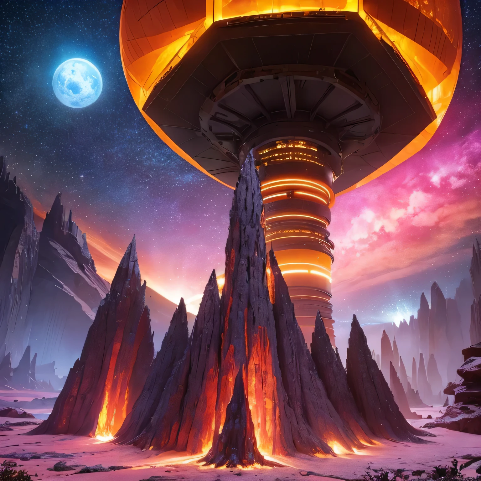 Alien Hexagonal Base (very detailed nipples) In a hexagonal mountain oasis,There are several hexagonal exhaust fans and chimneys, some neon lights projecting from the base,Light up the dark night), There are some clouds in the night sky, Some surrounding planets provide air to unknown planets,The most remote giant hexagonal volcano erupts,the rainforest