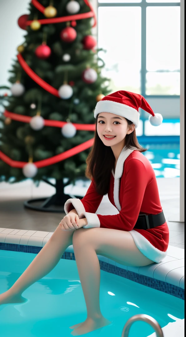 An Asian girl, 5 years ing Santa Claus costume, sitting in an indoor swimming pool with a Christmas tree and lounge chairs by the pool. (best quality, 4k, highres:1.2), ultra-detailed, realistic, portraits, vivid colors, warm and vibrant atmosphere, soft natural lighting, sparkling water reflections, joyful expression, playful mood, Santa hat, cute and innocent features, cozy indoor setting, holiday decorations, serene and relaxing ambiance, soft focus on the girl, a sense of wonder and anticipation in the air