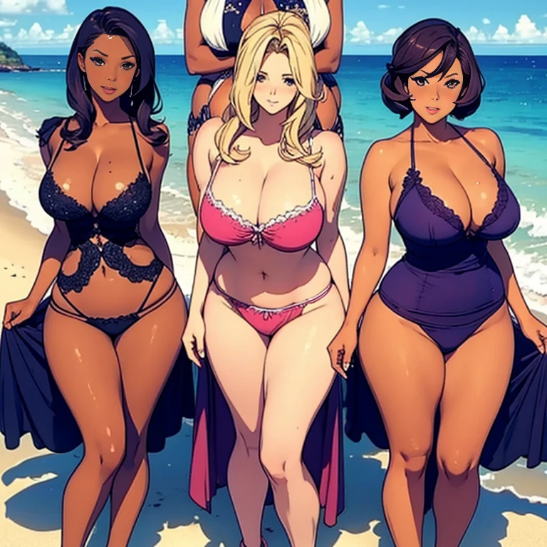 multiple thick body large breasts female standing side by side in a line wearing hearts pattern elegant dress, different style dress, darker skin females, beach, show panties, nsfw, dress open center show panties, ((show back view))
