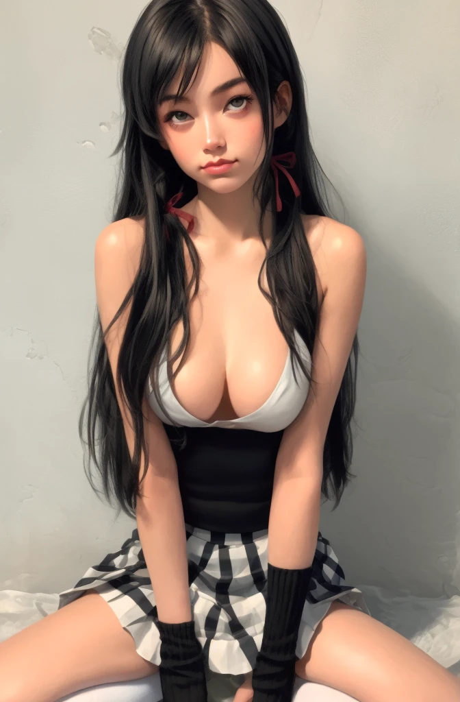 (full figure:1.1), (1 girl as yukino yukinoshita:1.5), highres, solo, big breasts, waist long black hair, (twintails:0.5), (pleated school miniskirt:1.5), (black knee high socks:1.5), (loose red ribbon:1.2), (cotton skirt:1.5), (unbuttoned white shirt:1.4), (ahegao:1.5), green eyes, (rolling eyes:1.5), (naked breasts:1.5), spread legs, legs wide open, (drugged:1.5), kneelingonallfours