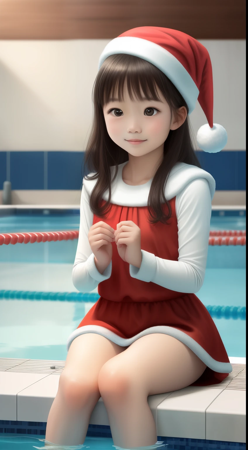 An Asian  girl, 5 years ing Santa Claus costume, sitting in an indoor swimming pool with a Christmas tree and lounge chairs by the pool. (best quality, 4k, highres:1.2), ultra-detailed, realistic, portraits, vivid colors, warm and vibrant atmosphere, soft natural lighting, sparkling water reflections, joyful expression, playful mood, Santa hat, cute and innocent features, cozy indoor setting, holiday decorations, serene and relaxing ambiance, soft focus on the girl, a sense of wonder and anticipation in the air