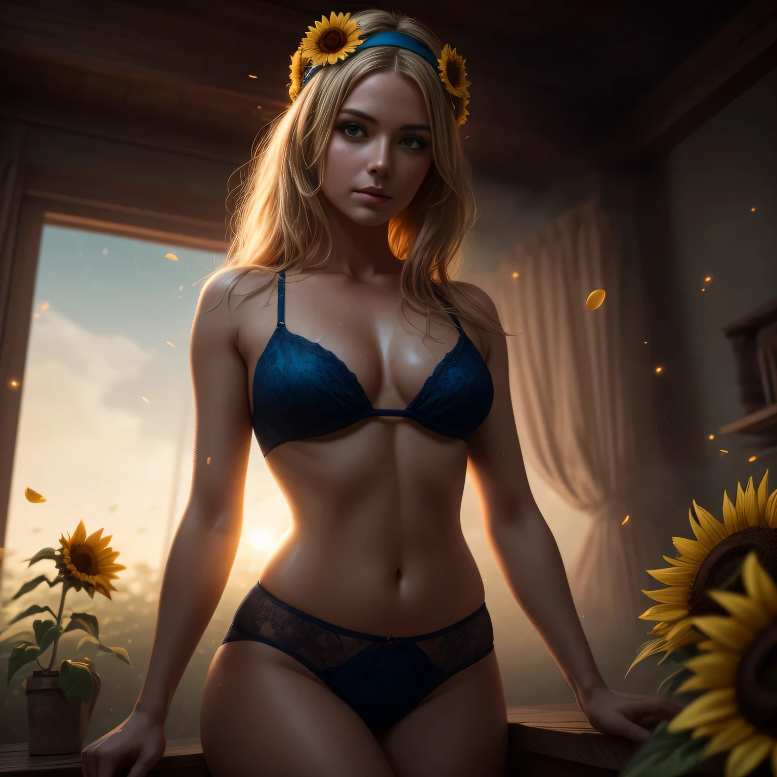 ukrainian girl, pinup art,wearing flowery ukrainian headband,no pants, blue and yellow theme, sweaty, sunlit, dripping, skimpy, leaning back, open chest, 8K,Best quality, masterpiece, ultra high res, (photorealistic:1.4), raw photo, (Authentic skin texture:1.3), (film grain:1.3), 1girl, beautiful detailed eyes and face,masterpiece, best quality, godrays and fireflies and dust, pastel dreamy light, bathing in backlighting, opening buttons, sunrays, petals falling, sunflowers , fog, haze, sunlit, in attic covered in flowers and petals, godrays, cozy, morning dew, backlighting, hazy, golden hour, morning light, erotic mood, countryside, masterpiece, best quality, ultra-detailed, solo, smoke, shadows, contrast, cinematic light, side lighting, ultra high resolution, best shadow, RAW, 4k, ultra-realistic style, detailed face, colofUnreal Engine 5, Cinematic, Color Grading, portrait Photography, Ultra-Wide Angle, Depth of Field, hyper-detailed, beautifully color-coded, insane details, intricate details, beautifully color graded, Unreal Engine, Cinematic, Color Grading, Editorial Photography, Photography, Photoshoot, Shot on 70mm lens, Depth of Field, DOF, Tilt Blur, Shutter Speed 1/1000, F/2