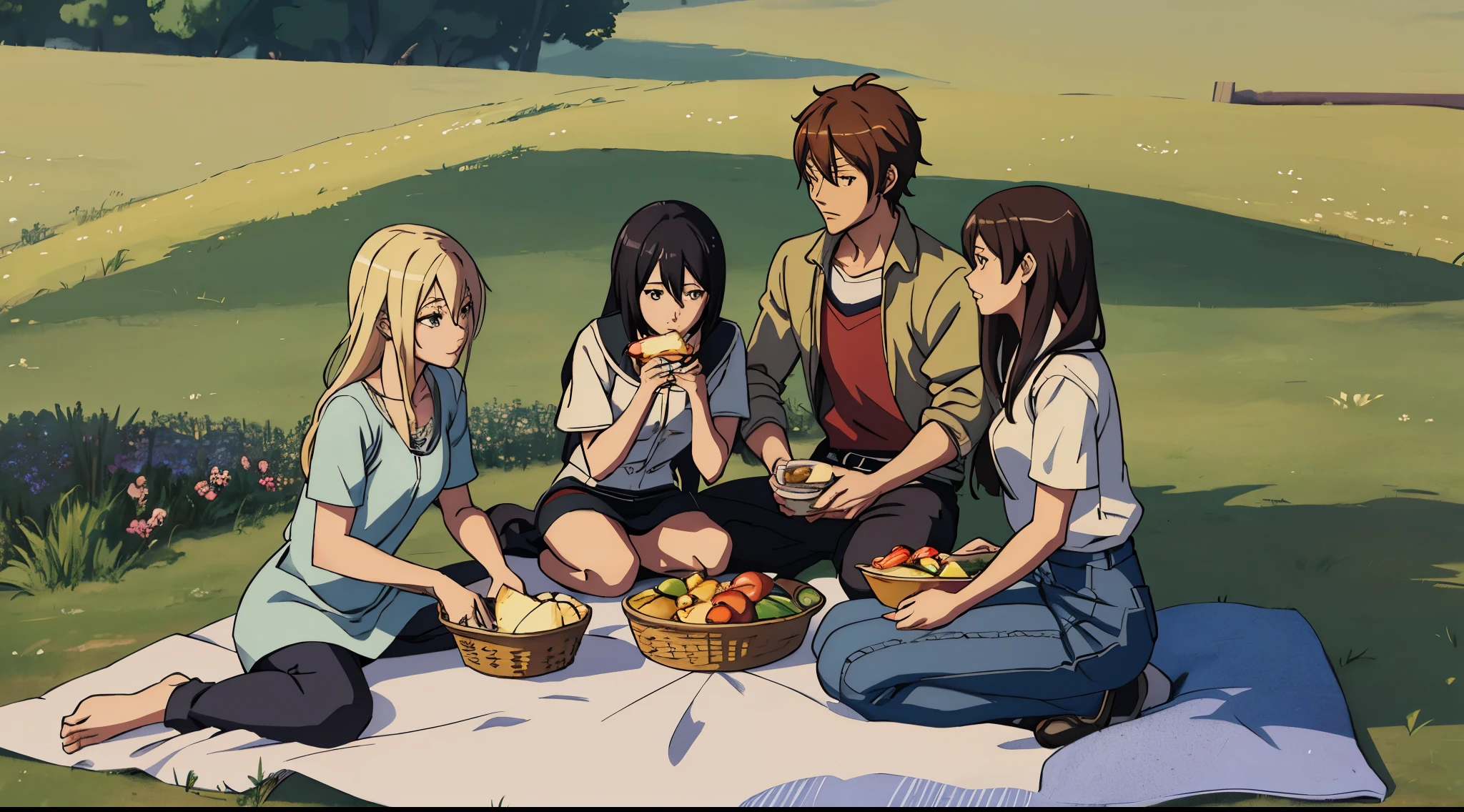 Cartoon character sitting on blanket and eating food in field, slice of life anime, ( ( Shinkai sincerely ) ), Guweiz style artwork, realistic anime 3D style, guweiz and Shinkai sincerely, go to picnic, offcial art, Shinkai sincerely art style, High-quality fanart