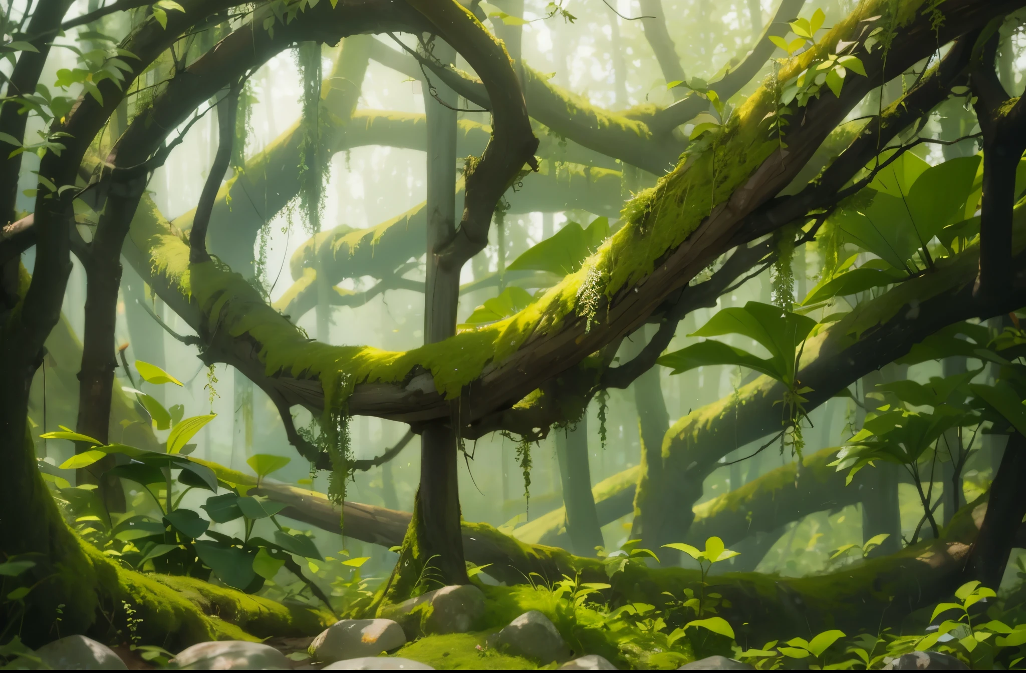 tmasterpiece， best qualtiy， 8k， ln the forest， 夏天， mid day， rays of sunshine， blue-sky， ssee-through， depth of fields， A high resolution， finedetail， ultra - detailed，（（Dense foliage）），Moss grows on the stone，There are a lot of vines hanging down from the branches.，The following elements are highlighted：ln the forest应以平静而清晰的方式描绘，反射rays of sunshine。 The sun should be noticeable，Radiate light in the field。ln the forest周围的环境可能包含自然元素，Such as treelowers or mountains。 Use soft and harmonious colors to convey the tranquility of the scene。 Make sure the image is visually pleasing and conveys a sense of tranquility。